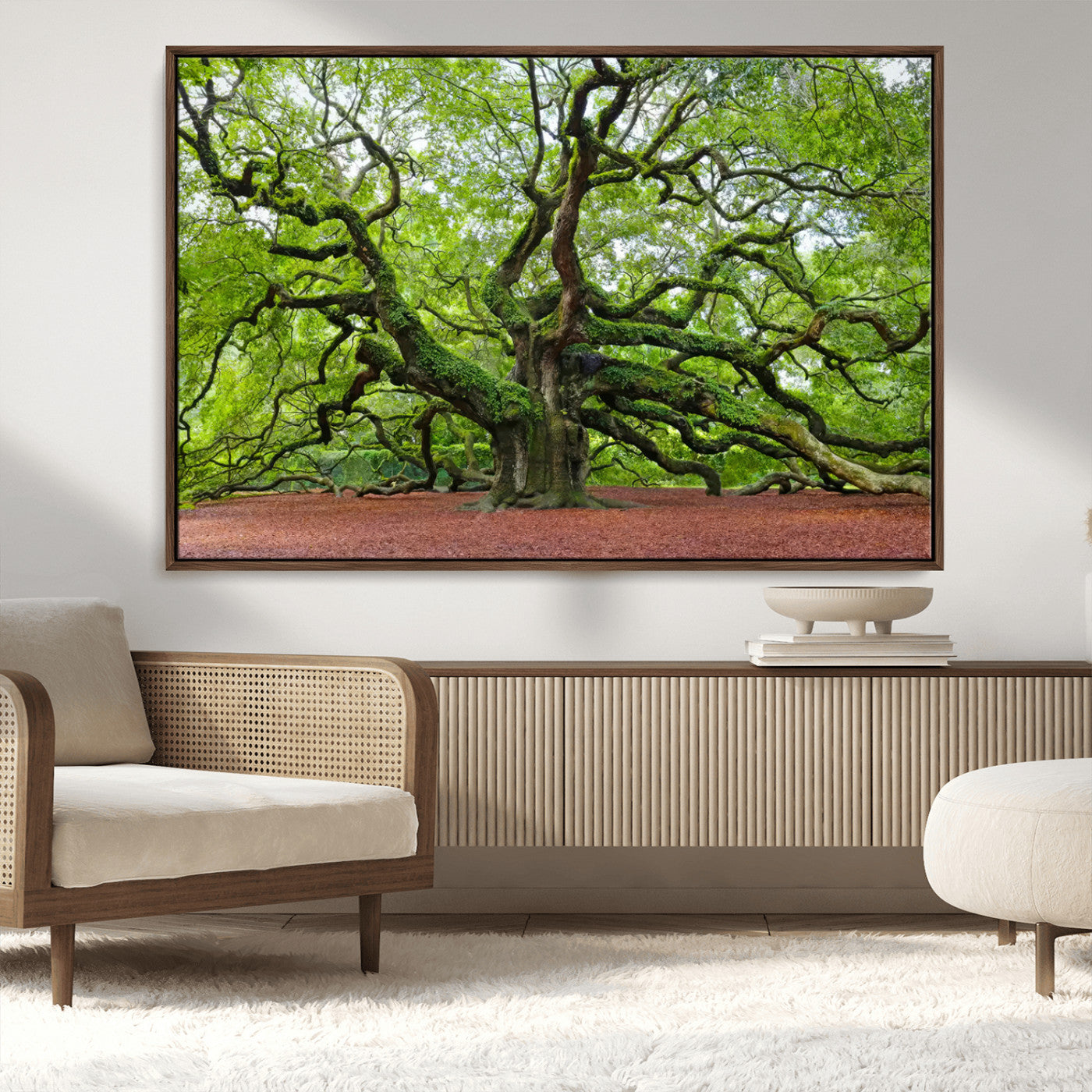 MGV-FC-36X24 - Framed Angel Oak Tree Wall Art - 3-Panel Canvas Prints, Large Green Nature Artwork, Ready to Hang