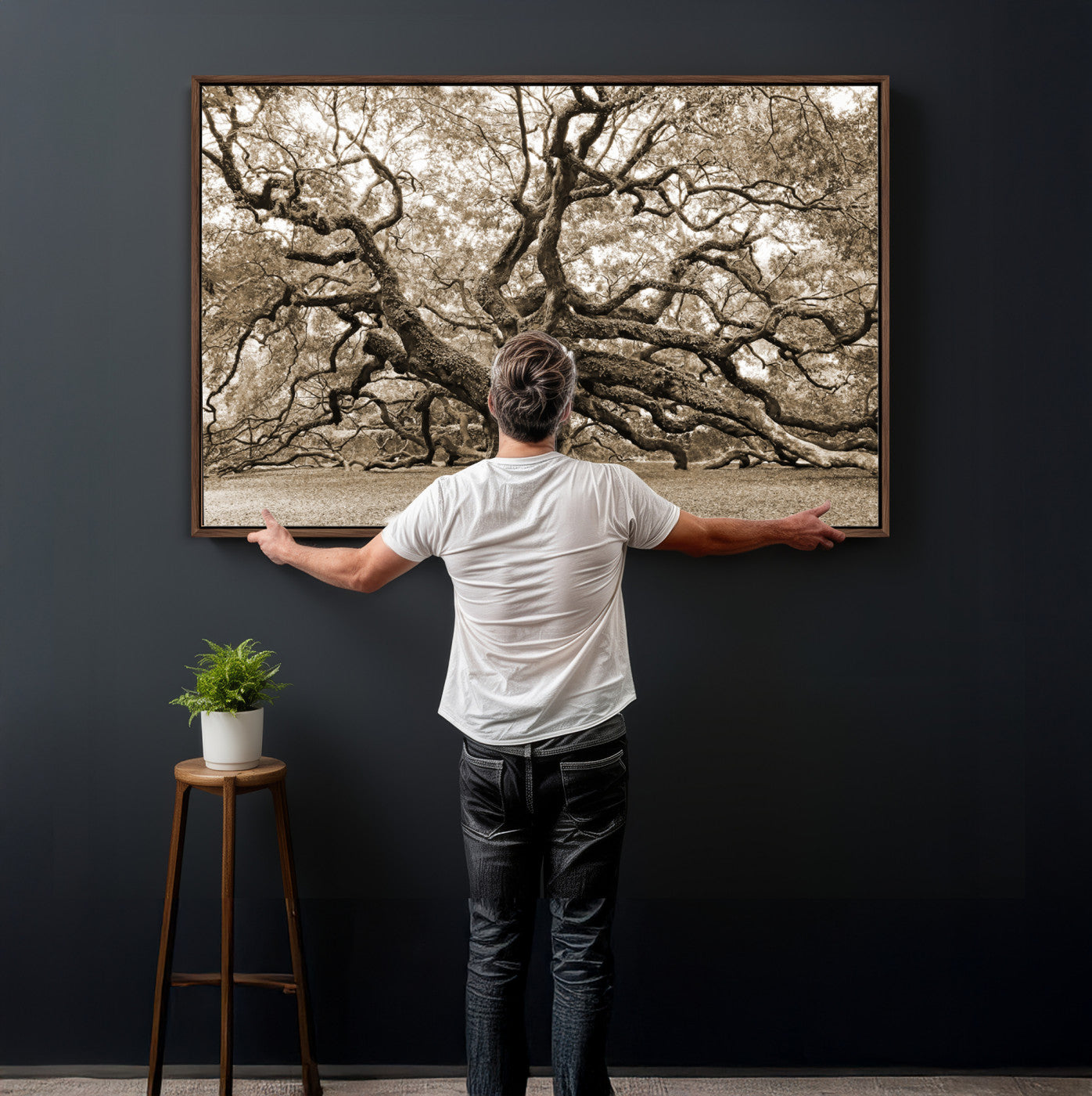 51126-MGV-CV-36X24 - Sepia Framed Angel Oak Tree Wall Art - 3-Panel Canvas Prints, Large Green Nature Artwork, Ready to