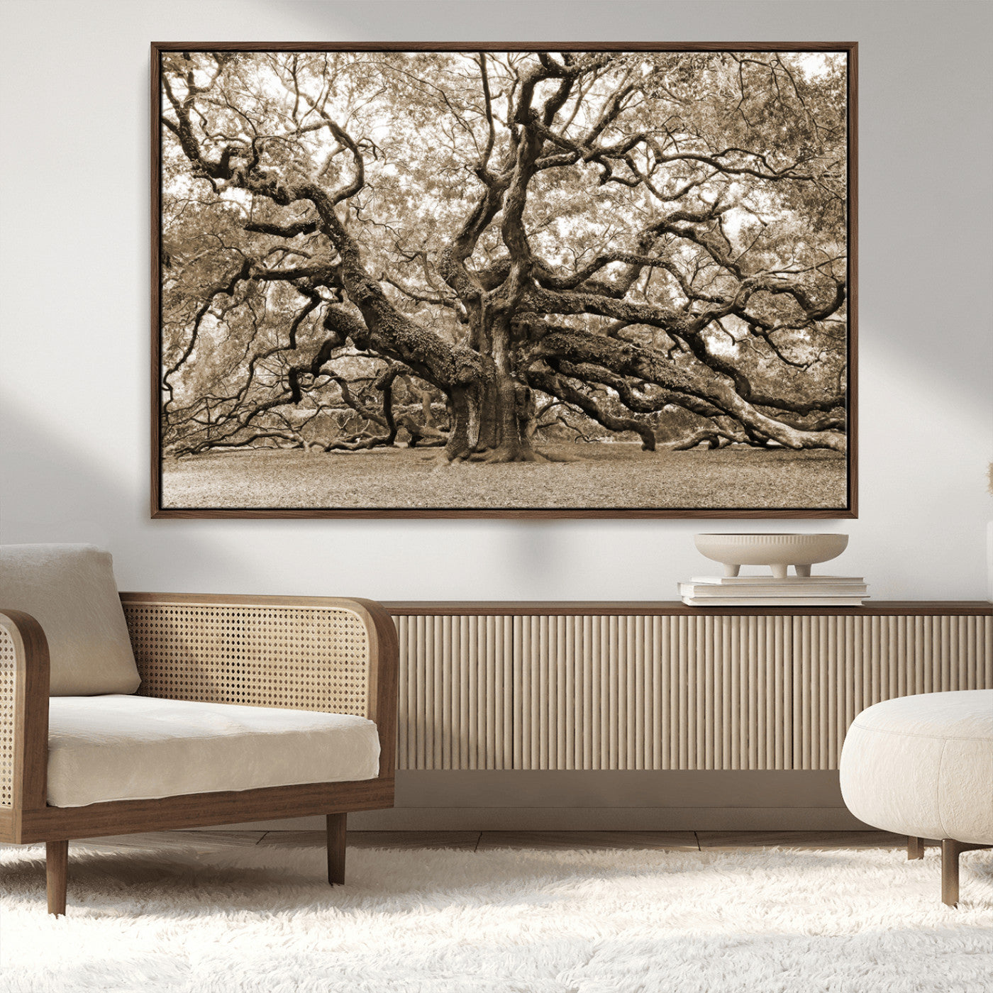 51126-MGV-CV-36X24-Sepia Framed Angel Oak Tree Wall Art - 3-Panel Canvas Prints, Large Green Nature Artwork, Ready to
