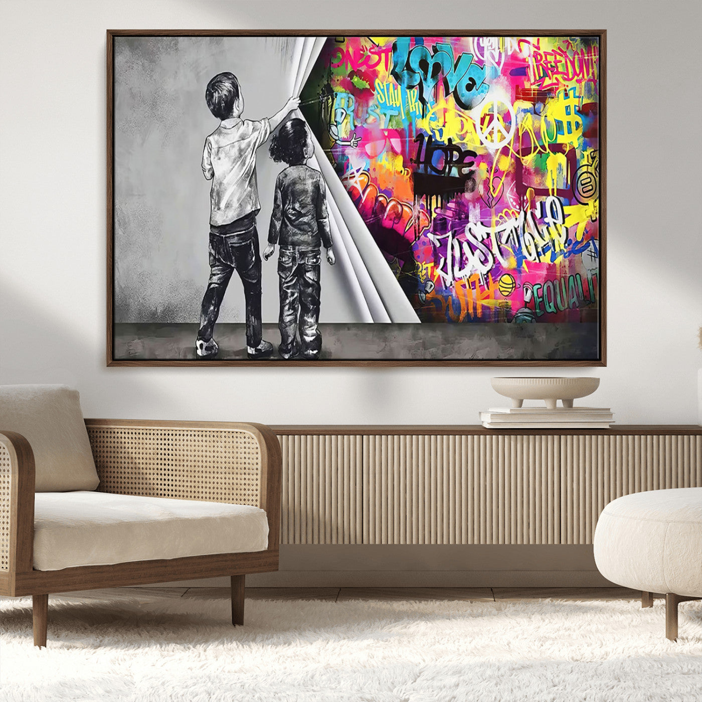 MGV-FC-36X24 - Banksy Print - Street Art Canvas Wall Art - Kids Revealing Graffiti, Urban Modern Decor for Living