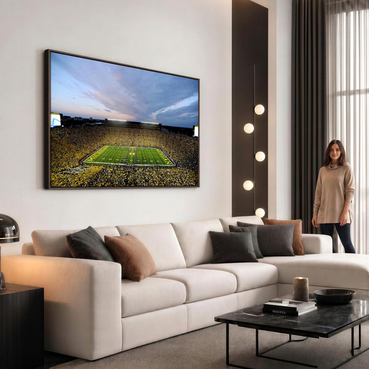 82641-MGV-CV-36X24 - Michigan Stadium Wall Art Canvas Print – Framed Football Field Scene with Marching Band Artwork for Home, Office