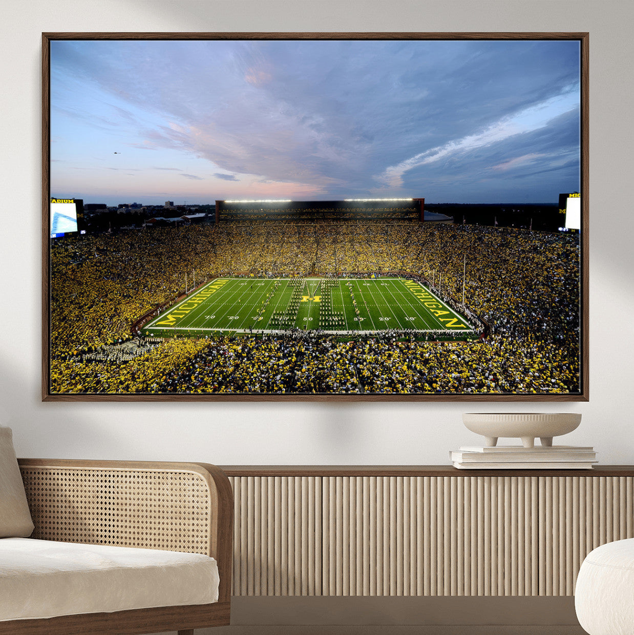 82641-MGV-FC-36X24 - Michigan Stadium Wall Art Canvas Print, Vibrant Game Day Crowd and Sunset Sky Football Field Artwork for Home, Office