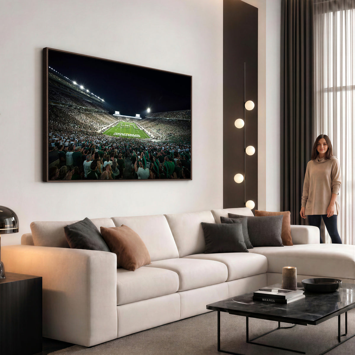 57523-PAN-FL-20X10 - Framed Michigan State Spartans Football Team Print - East Lansing Spartan Stadium Wall Art Canvas