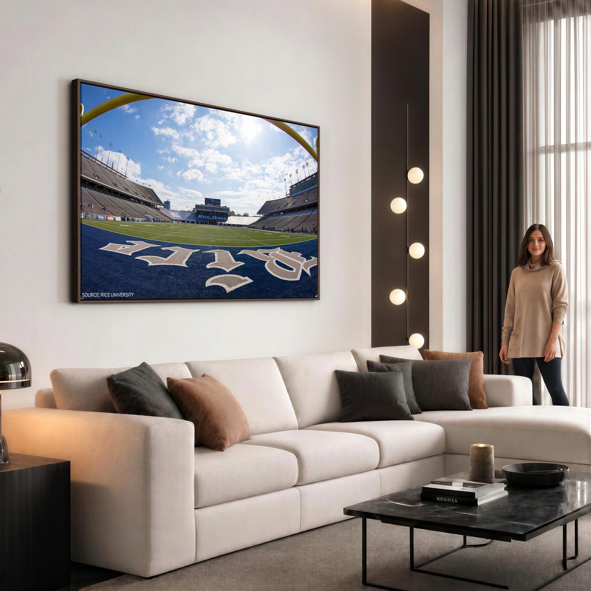 50267-MGV-CV-36X24 - Rice University Owls Football Team Print, Houston Rice Stadium, Framed and Ready to Hang