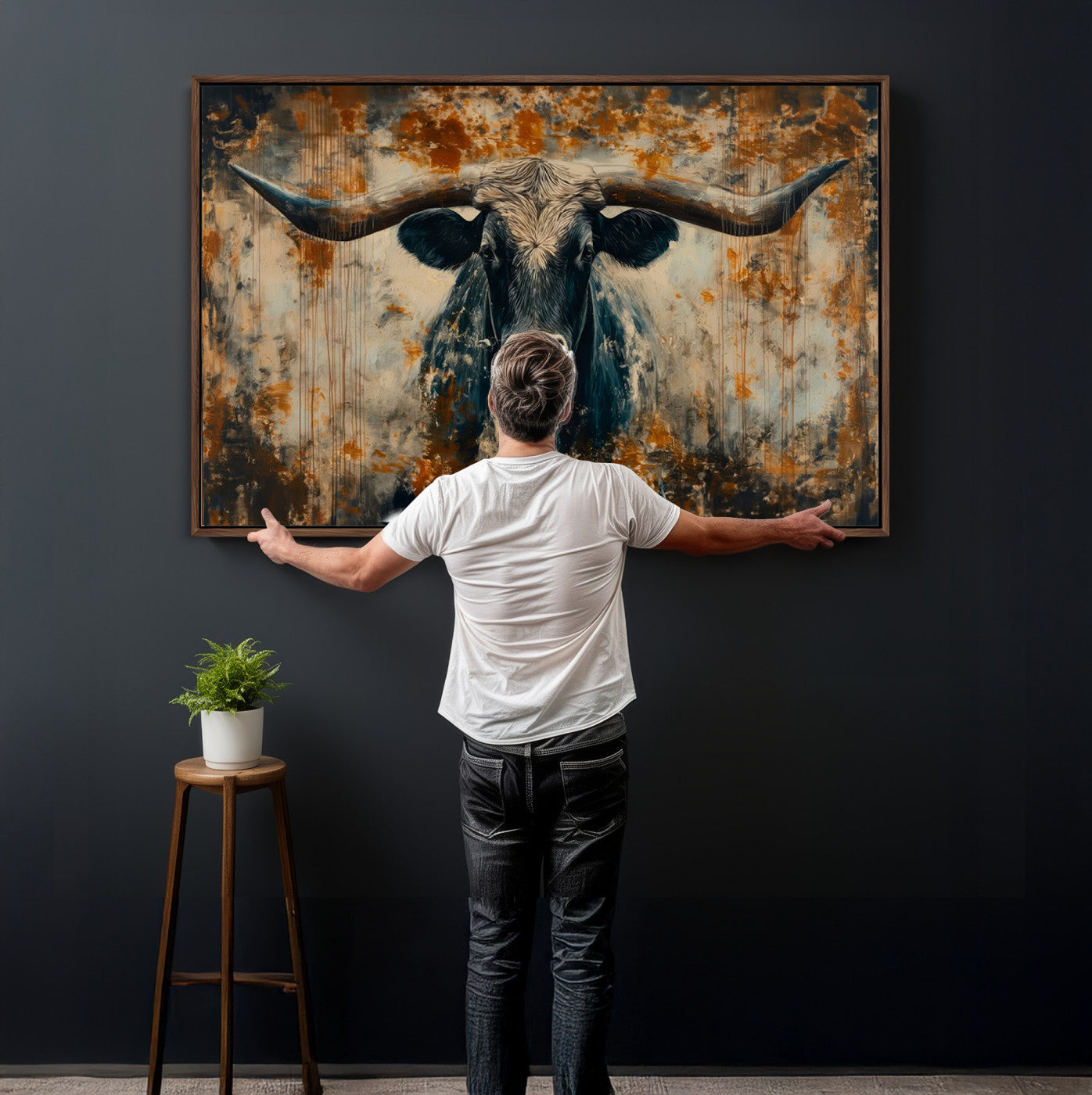 85913-MGV-CV-36X24 - Abstract Longhorn Bull Wall Art | Rustic Western Wall Decor | Framed and Ready to Hang | Ideal for