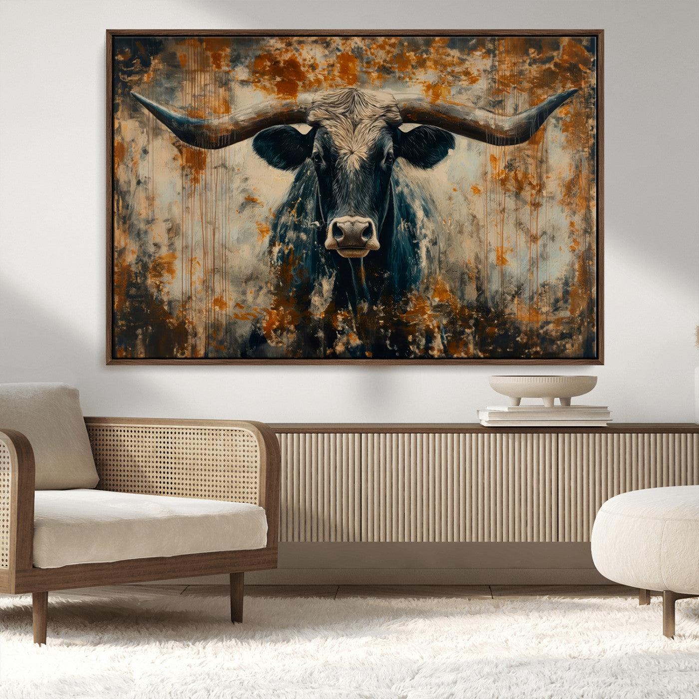 MGV-FC-36X24 - Abstract Longhorn Bull Wall Art | Rustic Western Wall Decor | Framed and Ready to Hang | Ideal for