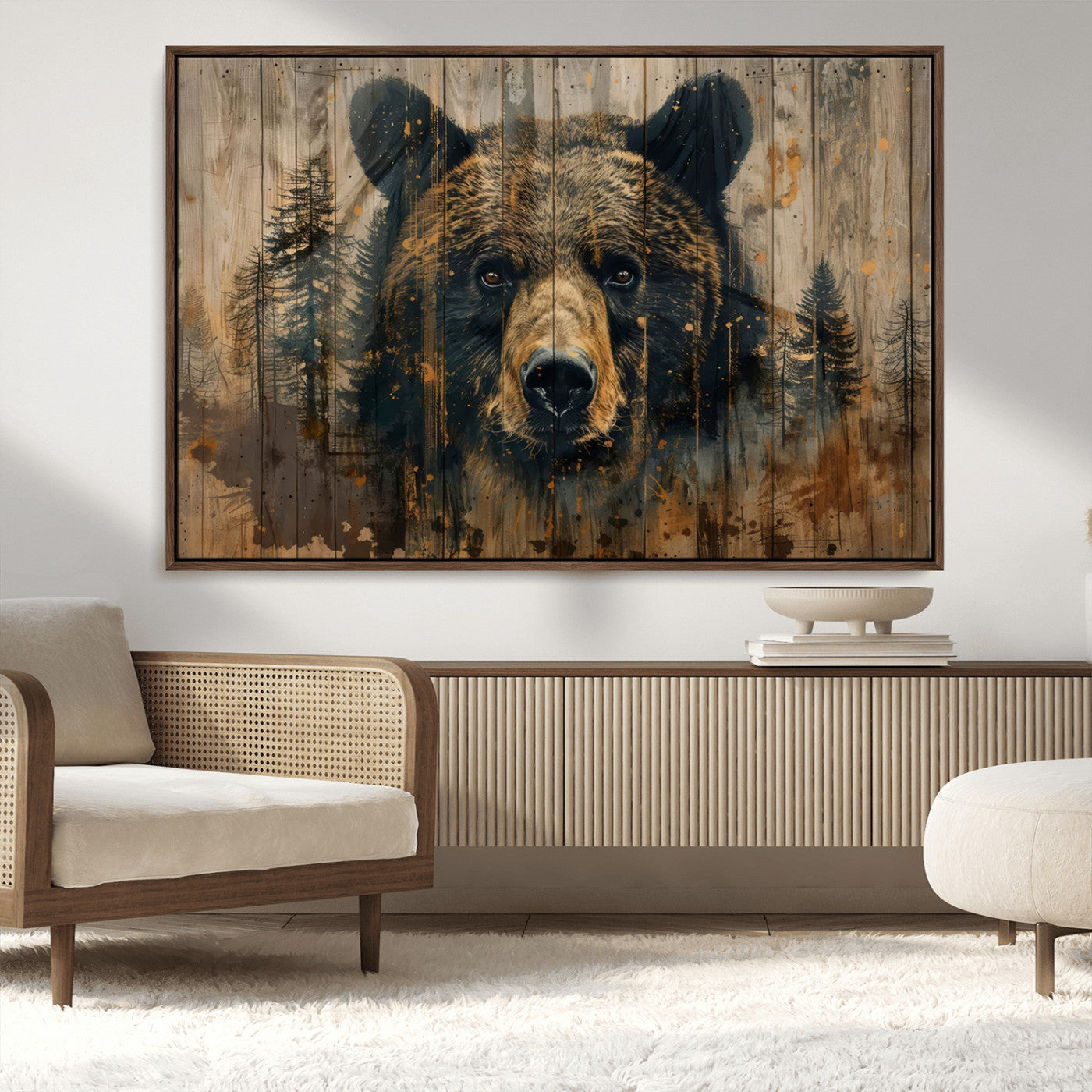 MGV-FC-36X24 - Abstract 399 Bear Wall Art | Rustic Cabin Wall Decor with Forest Design | Framed and Ready to Hang |