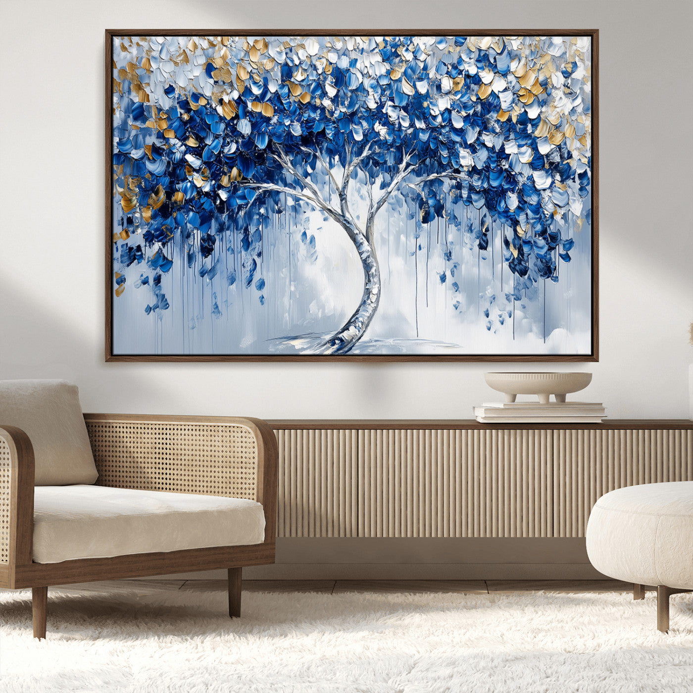 MGV-FC-36X24 - Blue and Gold Abstract Tree Wall Art Canvas Print | Modern Tree of Life Painting | Framed Canvas
