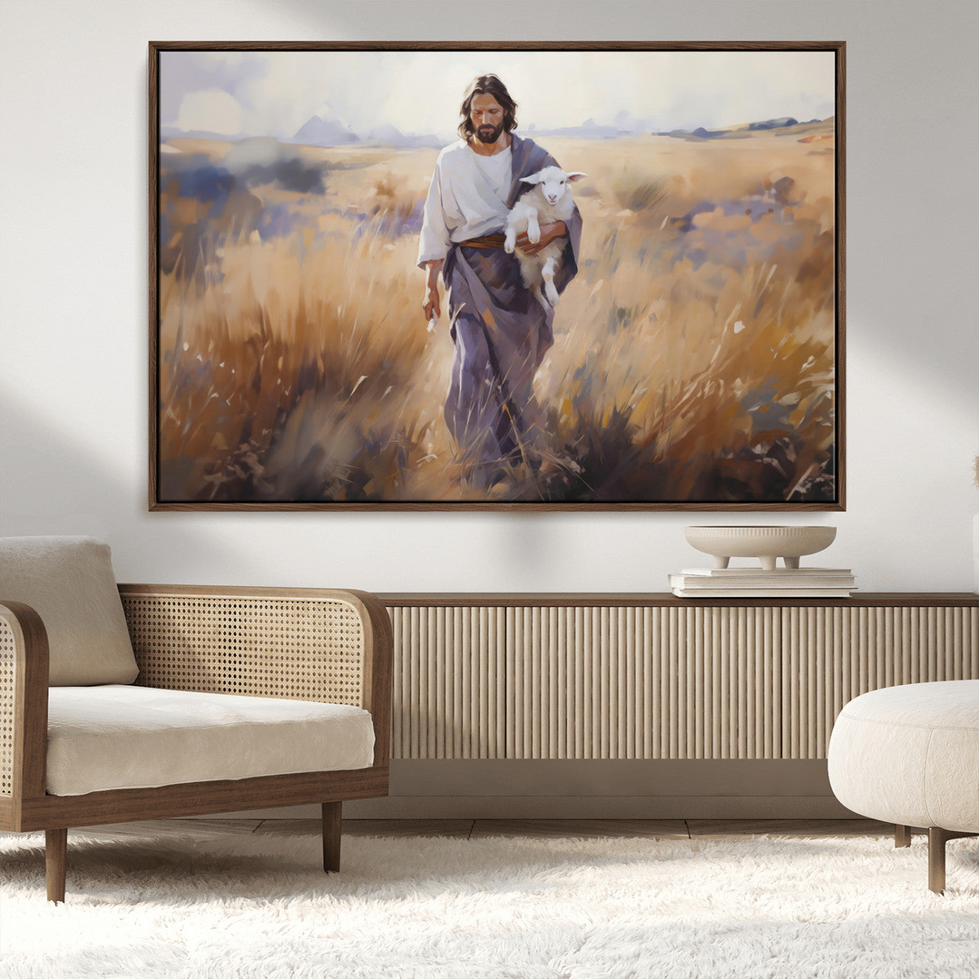 MGV-FC-36X24 - Jesus the Good Shepherd Wall Art Canvas Print - Lost Lamb Print for Prayer Room Decor