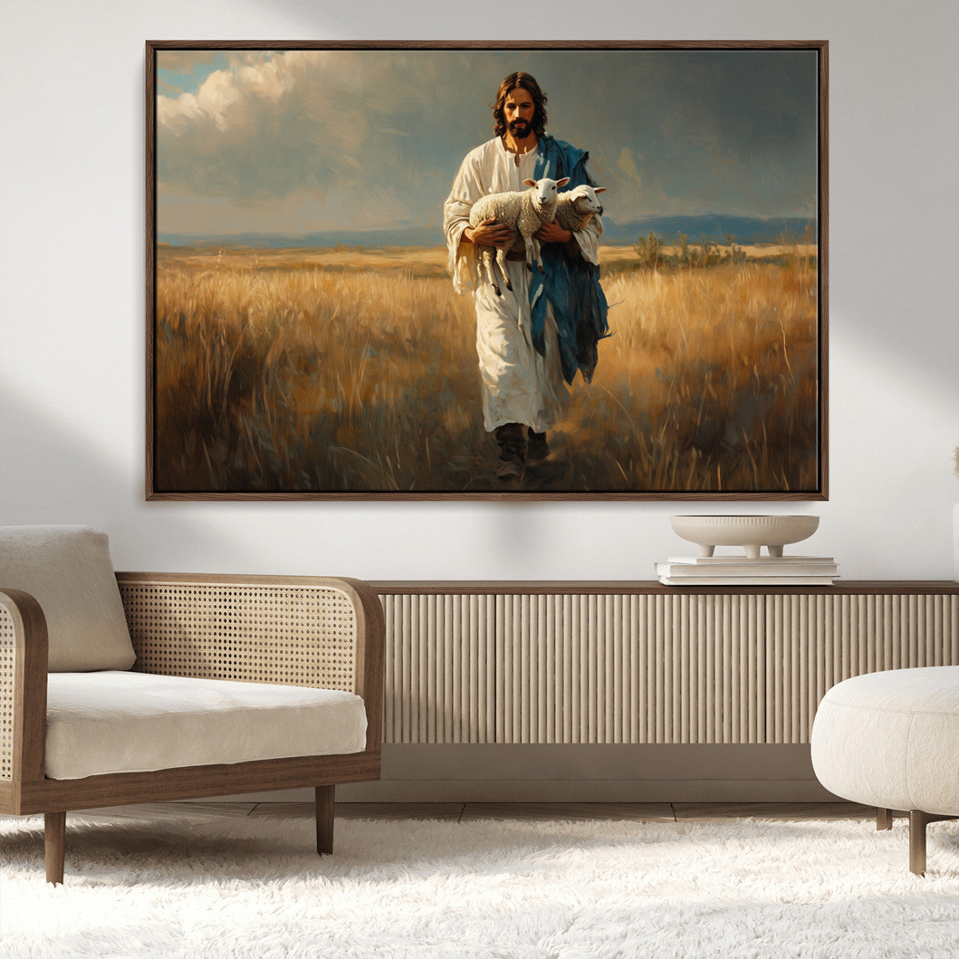 MGV-FC-36X24 - Jesus Shepherd Wall Art | Ready to Hang Triptych Canvas of Jesus Holding a Lamb in a Field |