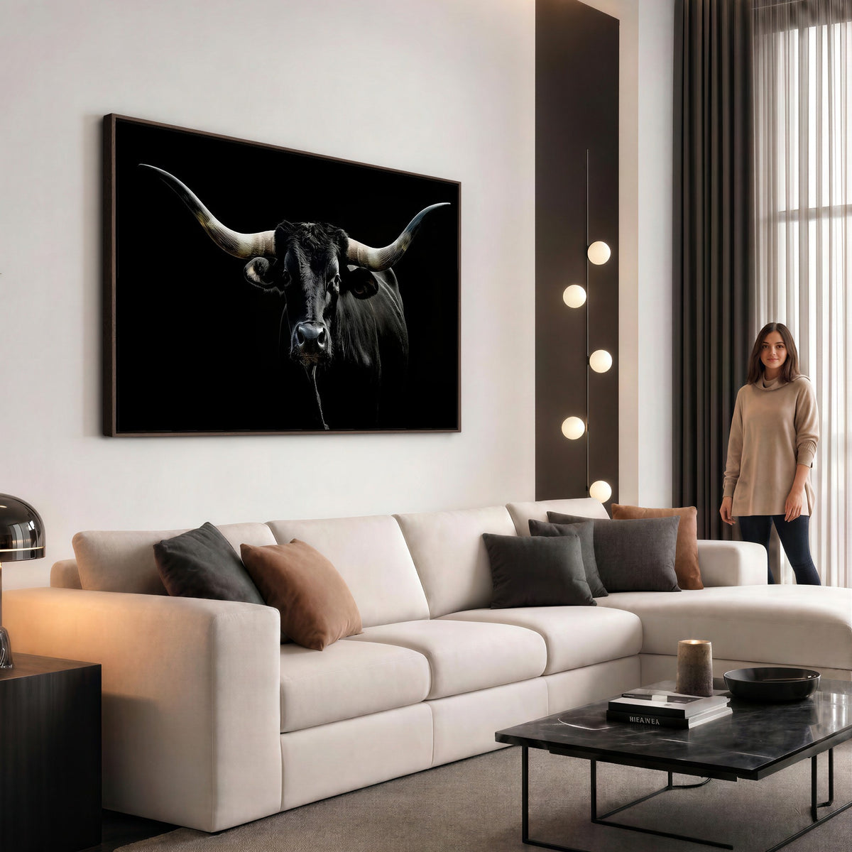 20679-MGV-CV-24X16 - Texas Black Longhorn Bull Wall Art Canvas Print, Western Cattle Rustic Decor