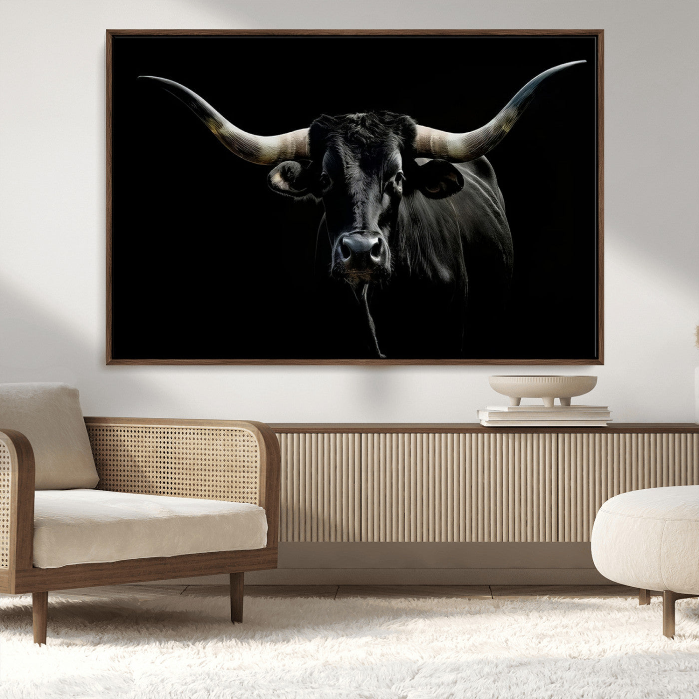 MGV-FC-36X24 - Texas Black Longhorn Bull Wall Art Canvas Print - Western Texas Cattle Rustic Decor Print - Longhorn