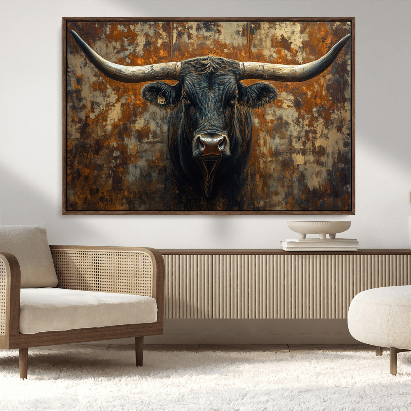 MGV-FC-36X24 - Longhorn Texas Cow Bull Wall Art | Rustic Farmhouse Canvas Print | Ready to Hang Barn Decor for