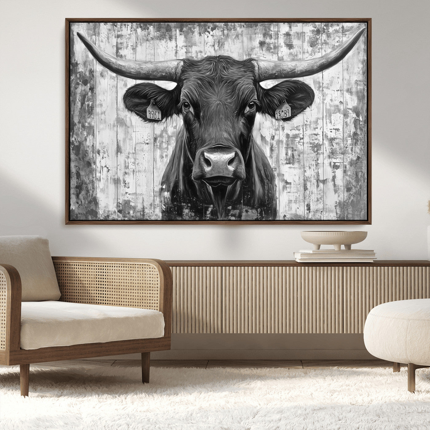MGV-FC-36X24 - Abstract Longhorn Bull Wall Art Canvas Print - Rustic Texas Western Cow Artwork