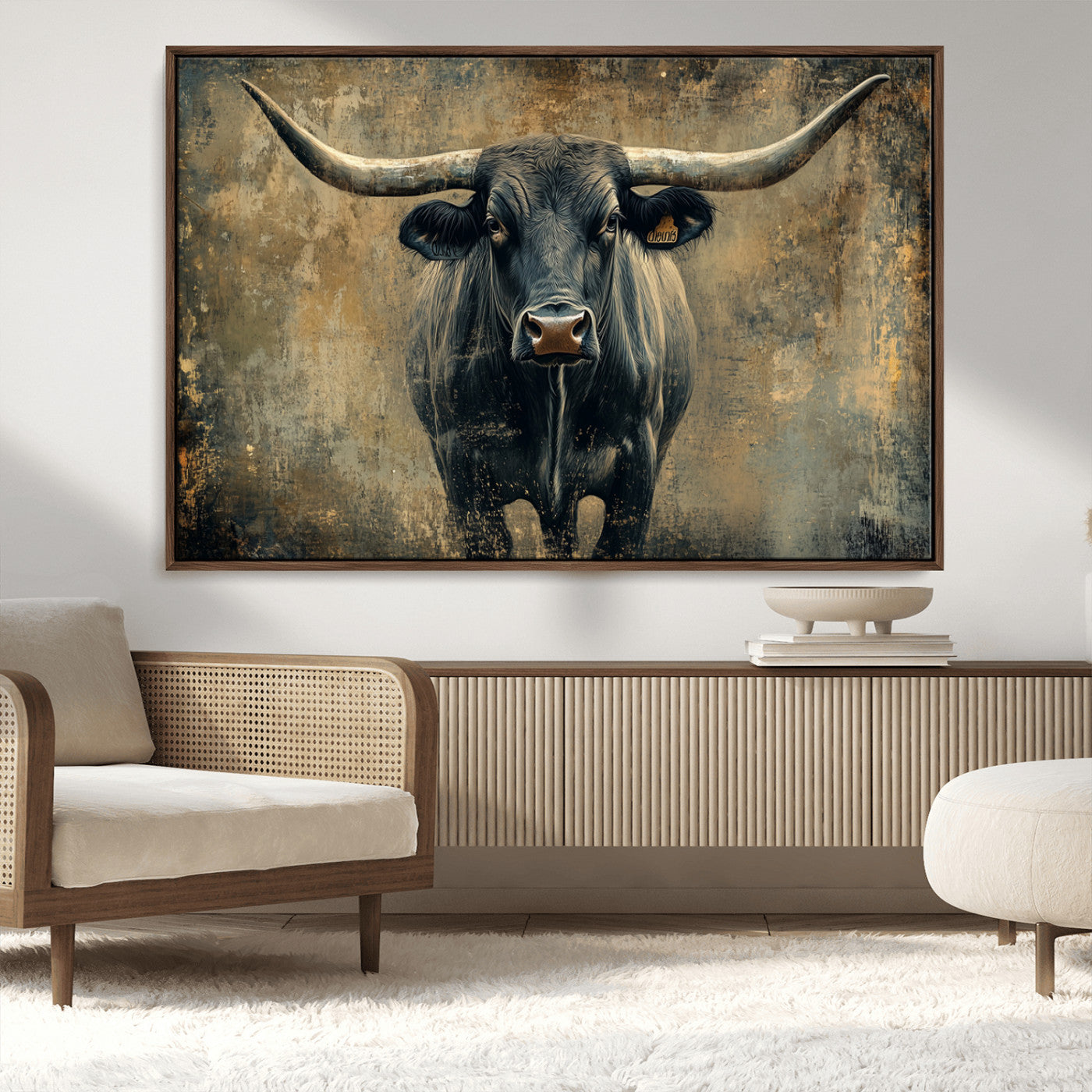 MGV-FC-36X24 - Longhorn Bull Wall Art Canvas Print, Framed Rustic Cow Art Picture Print, Texas Longhorn Perfect Western Decor Artwork