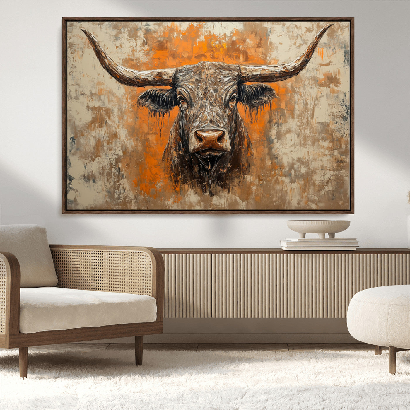 MGV-FC-36X24 - Abstract Cow Longhorn Bull Wall Art Canvas Print - Rustic Texas Western Cattle Artwork