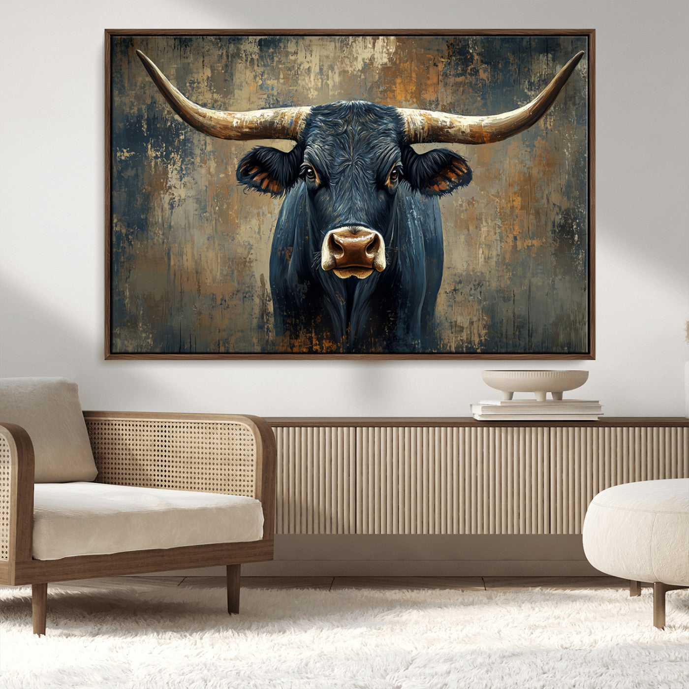 MGV-FC-36X24 - Texas Western Wall Art Canvas Print - Abstract Cow Longhorn Bull Wall Art Canvas Print - Rustic Cow