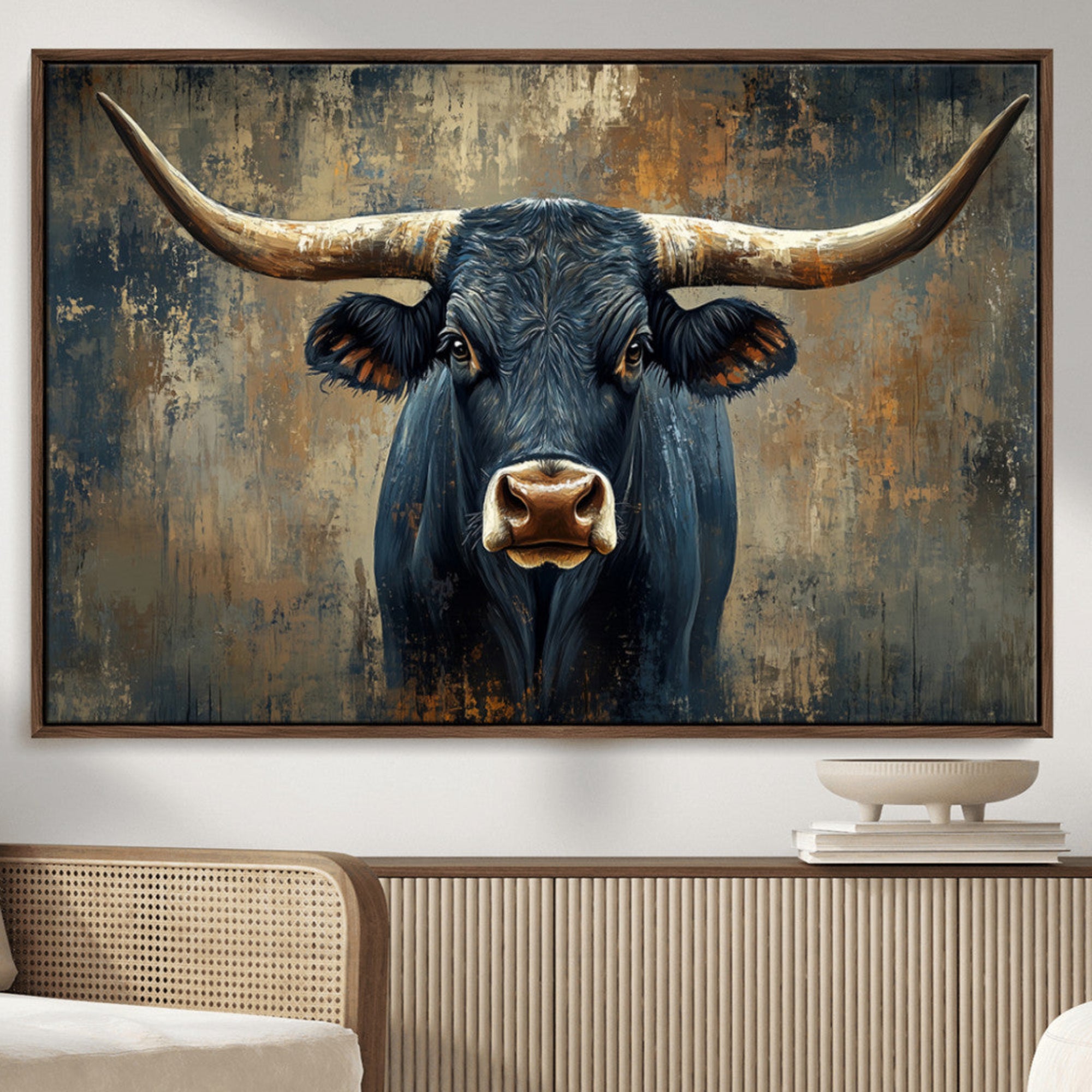 42026-MGV-CV-36X24-Texas Western Wall Art Canvas Print - Abstract Cow Longhorn Bull Wall Art Canvas Print - Rustic Cow
