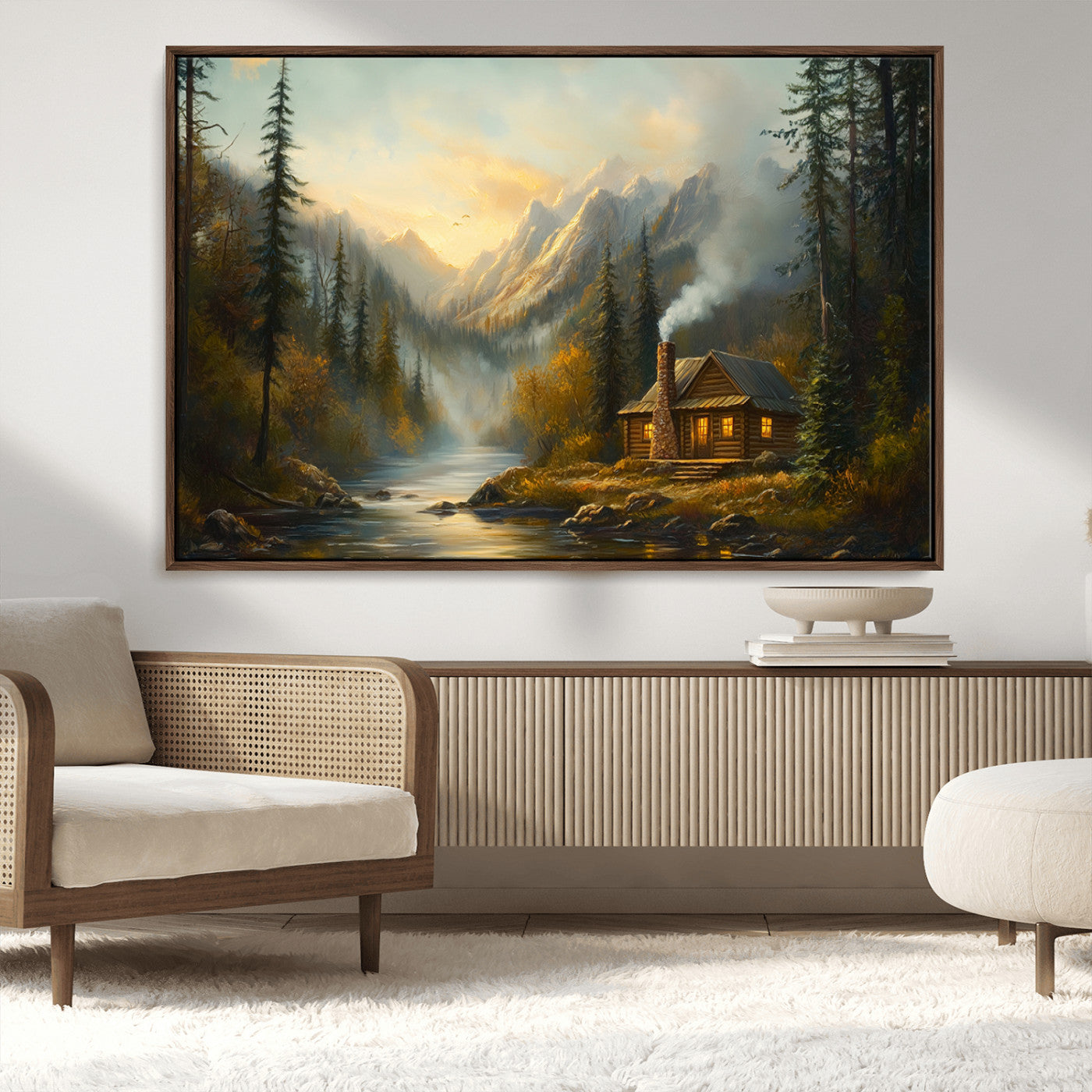 MGV-FC-36X24 - Wood Cabin Retreat Mountain at Sunset Wall Art Print - Serene Forest and River Landscape Wall Art