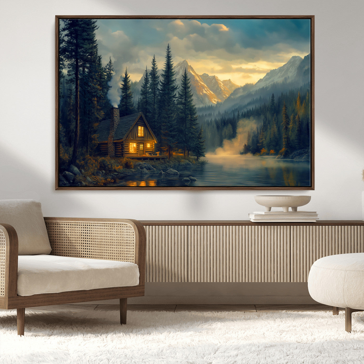 MGV-FC-36X24 - Mountain Cabin by the Lake at Sunset Wall Art - Serene Nature Canvas Print for Living Room Decor,