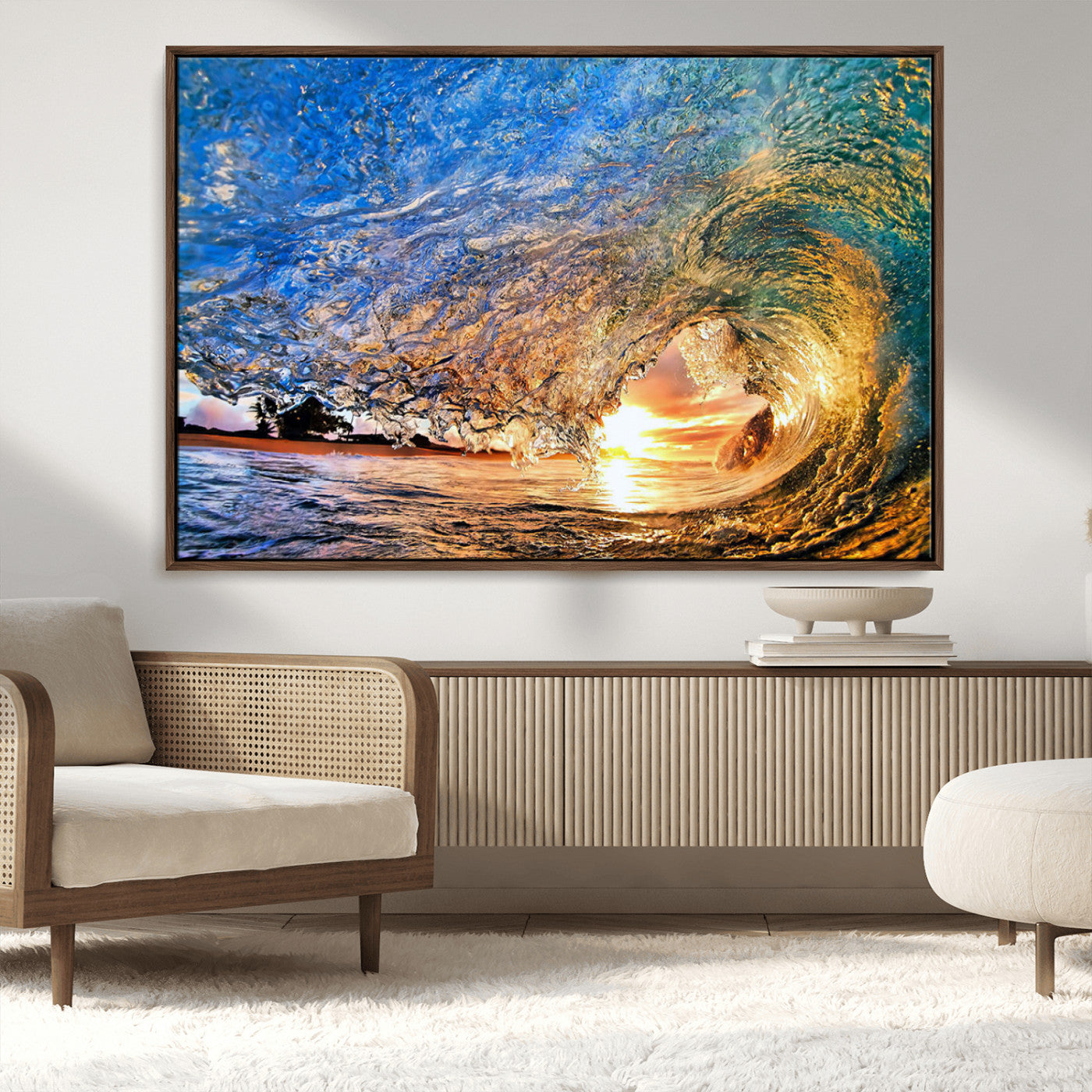 MGV-FC-36X24 - Ocean Wave at Sunset Canvas Wall Art – Vibrant Coastal Beach Waves Print, Large Nautical Decor,
