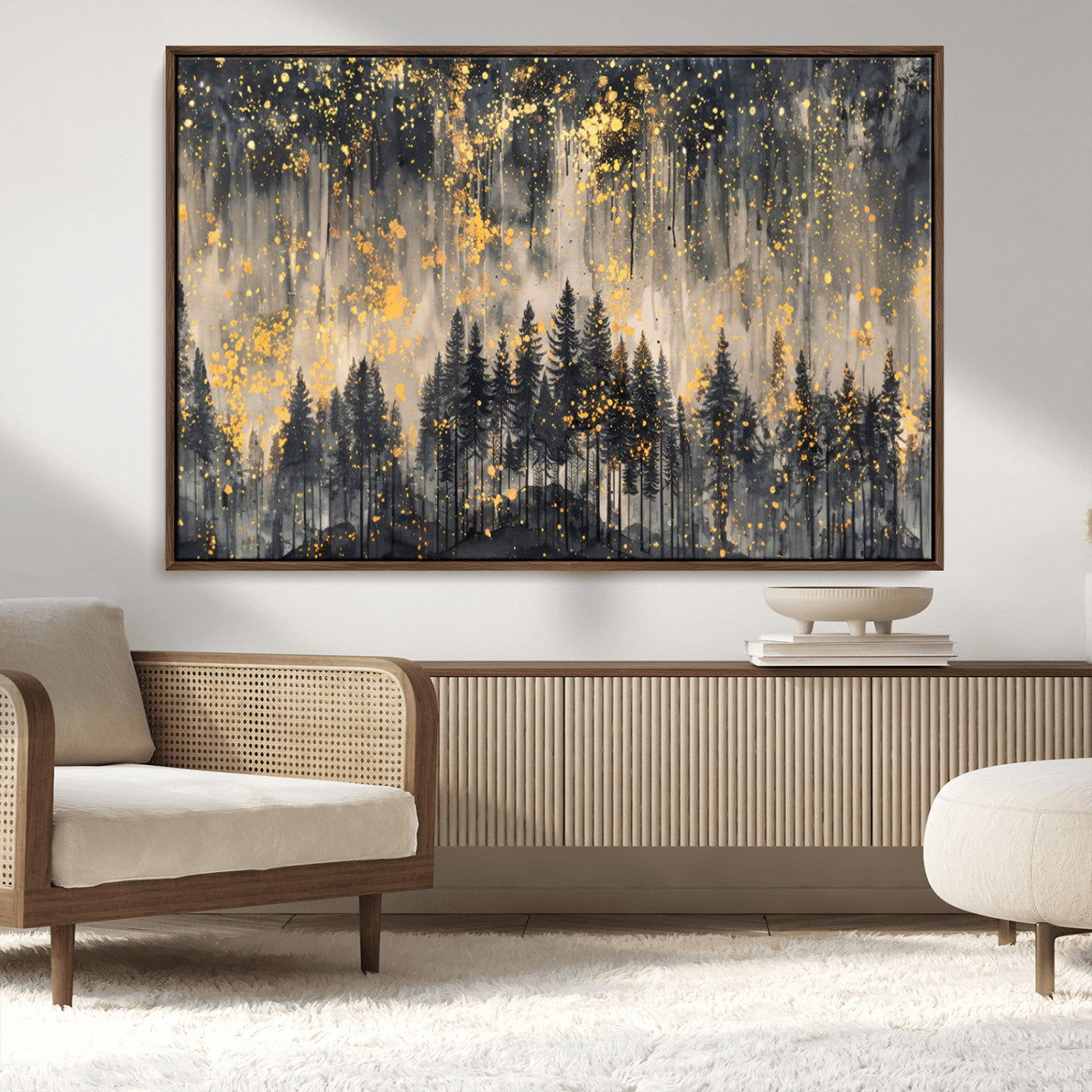 MGV-FC-36X24 - Golden Forest Abstract Wall Art | Dark Forest with Gold Splatter Accents | Triptych Ready to Hang