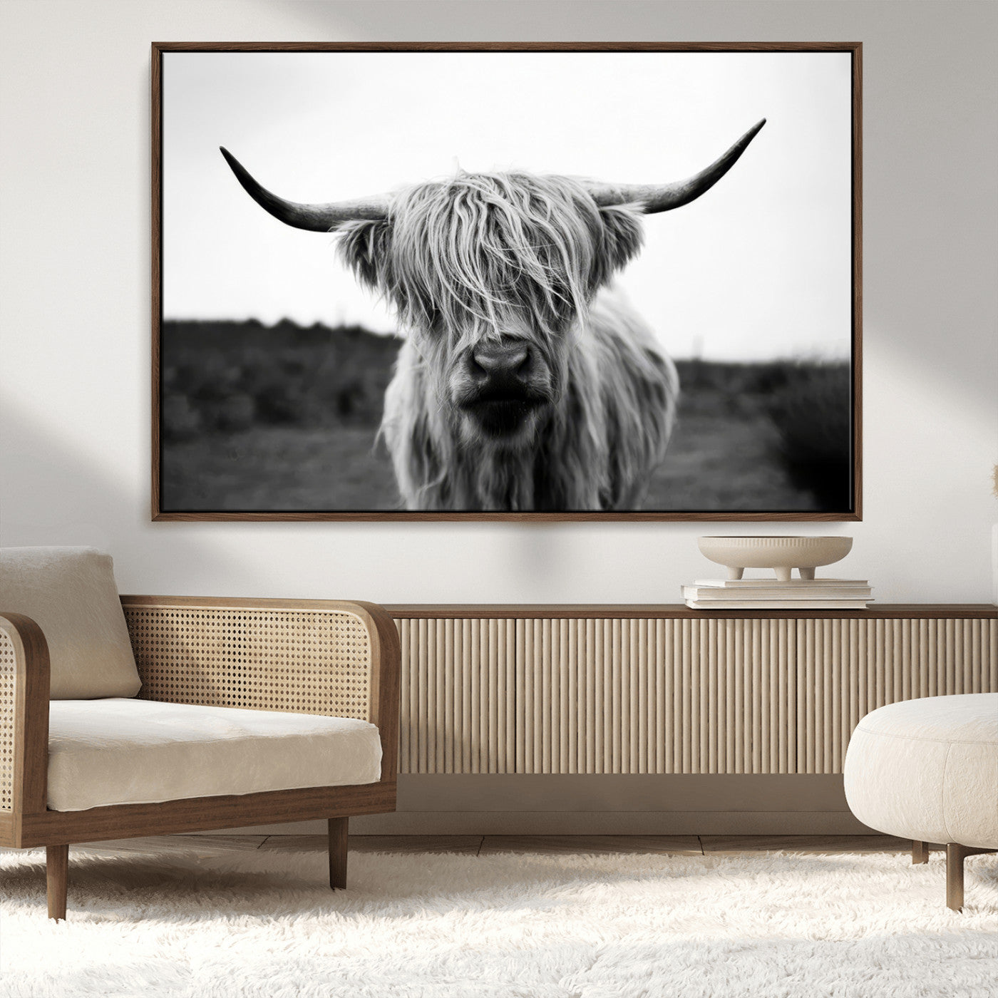 MGV-FC-36X24 - Highland Cow Wall Art | Black and White Farmhouse Decor | Triptych Canvas Print | Rustic Barn Decor