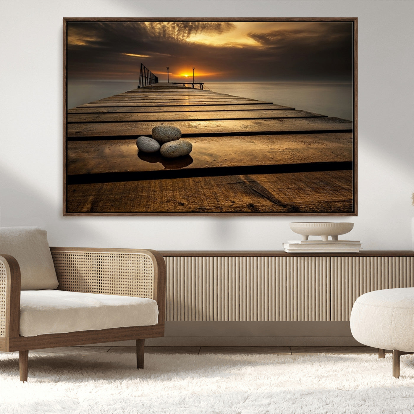 MGV-FC-36X24 - Stones on Wooden Pier at Sunset Canvas Print, Serene Coastal Wall Art, Beach Sunset Photography,