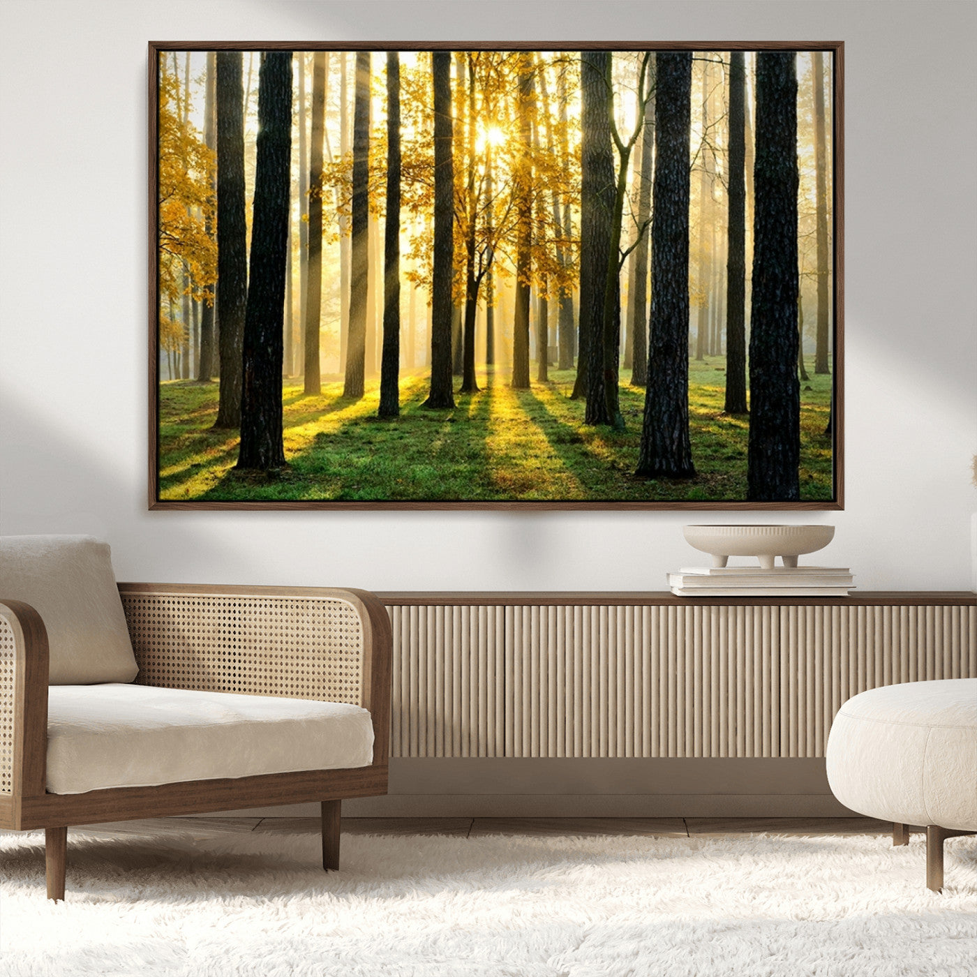 MGV-FC-36X24 - Sunlit Forest Canvas Wall Art – Serene Woodland Triptych Landscape Print – Nature-Inspired Decor for