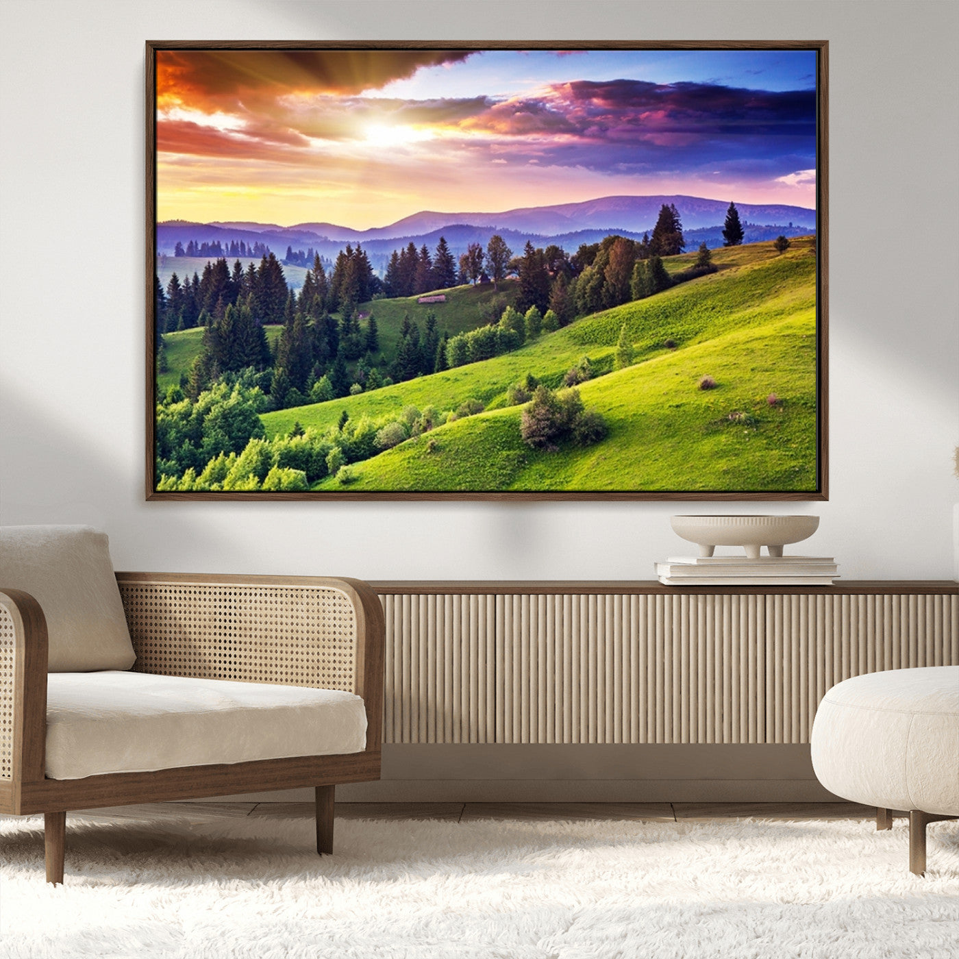 Green Hills and Sunset Wall Art Print - Scenic Landscape with Lush