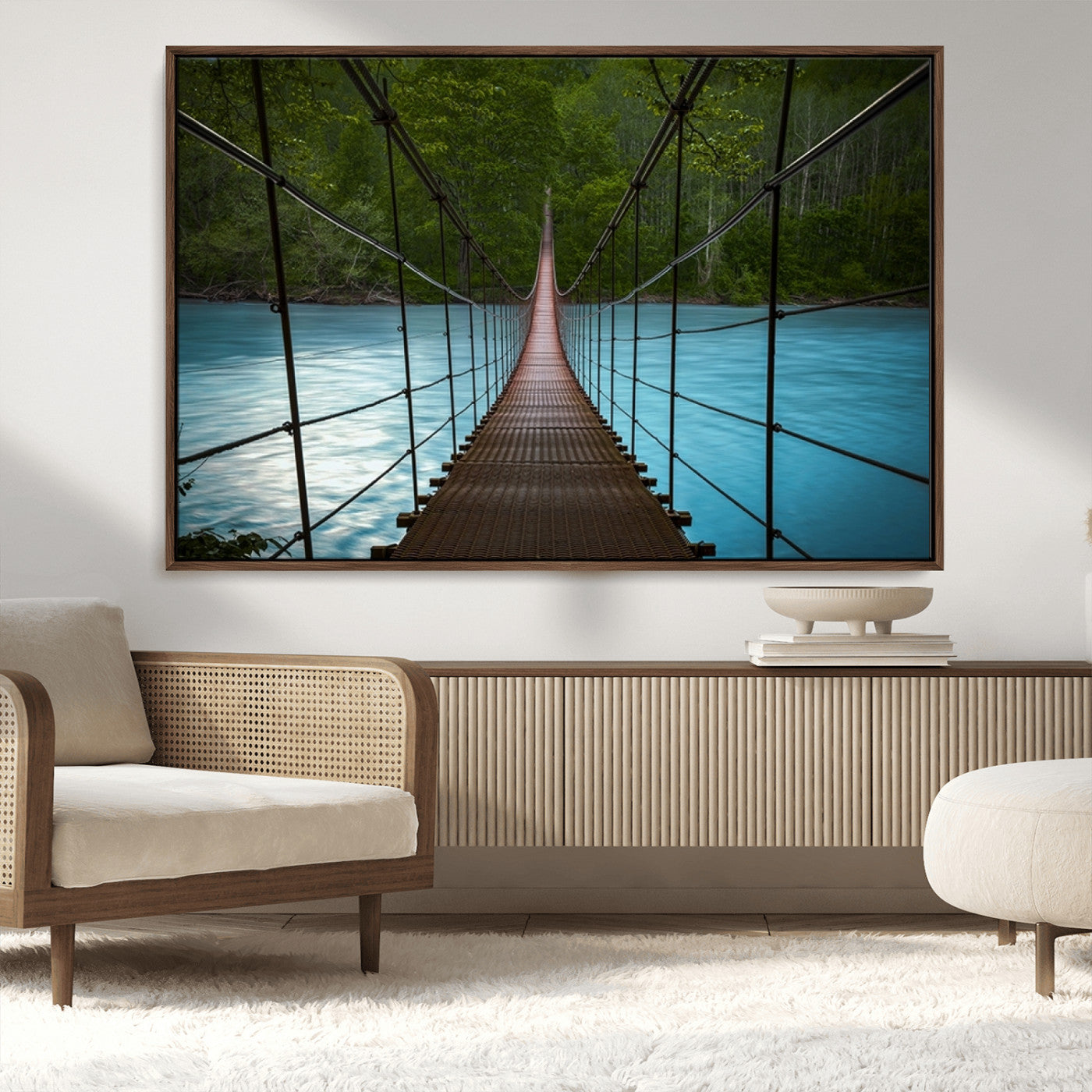 MGV-FC-36X24 - Suspension Bridge Over River Canvas Art | 3-Panel Nature Photography | Scenic Wall Art for Living