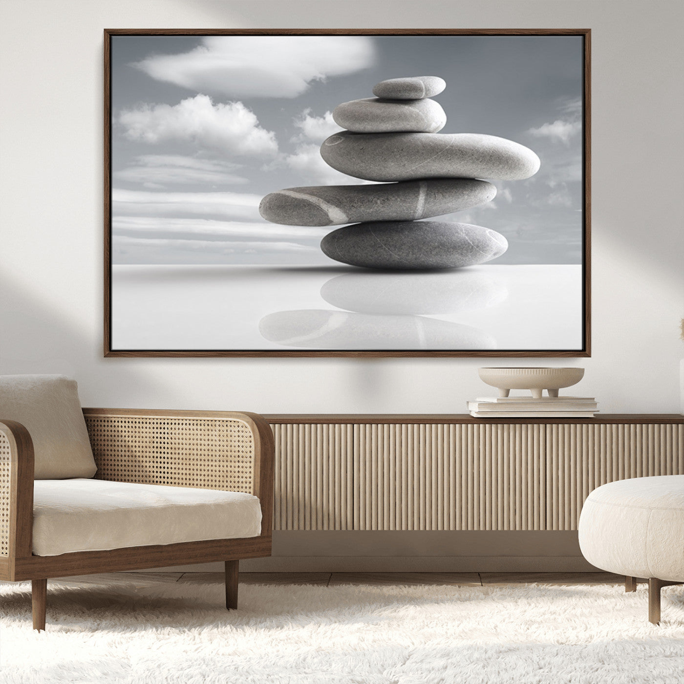 MGV-FC-36X24 - Still Life Black and White Zen Stones Wall Art Canvas, Framed Black and White Zen Stones Canvas