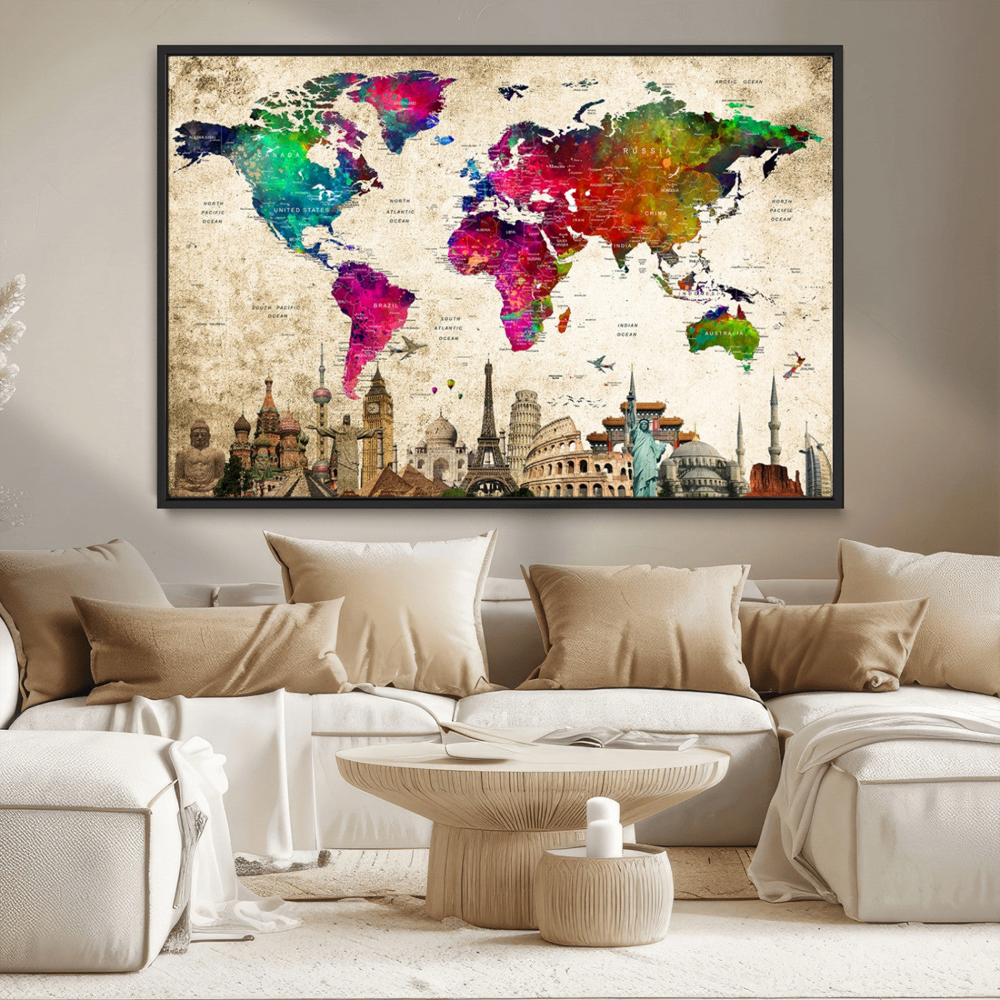 MGV-FC-36X24 - Push Pin World Map Canvas Print – Framed Wall Art for Couples to Track Their Travels – Anniversary