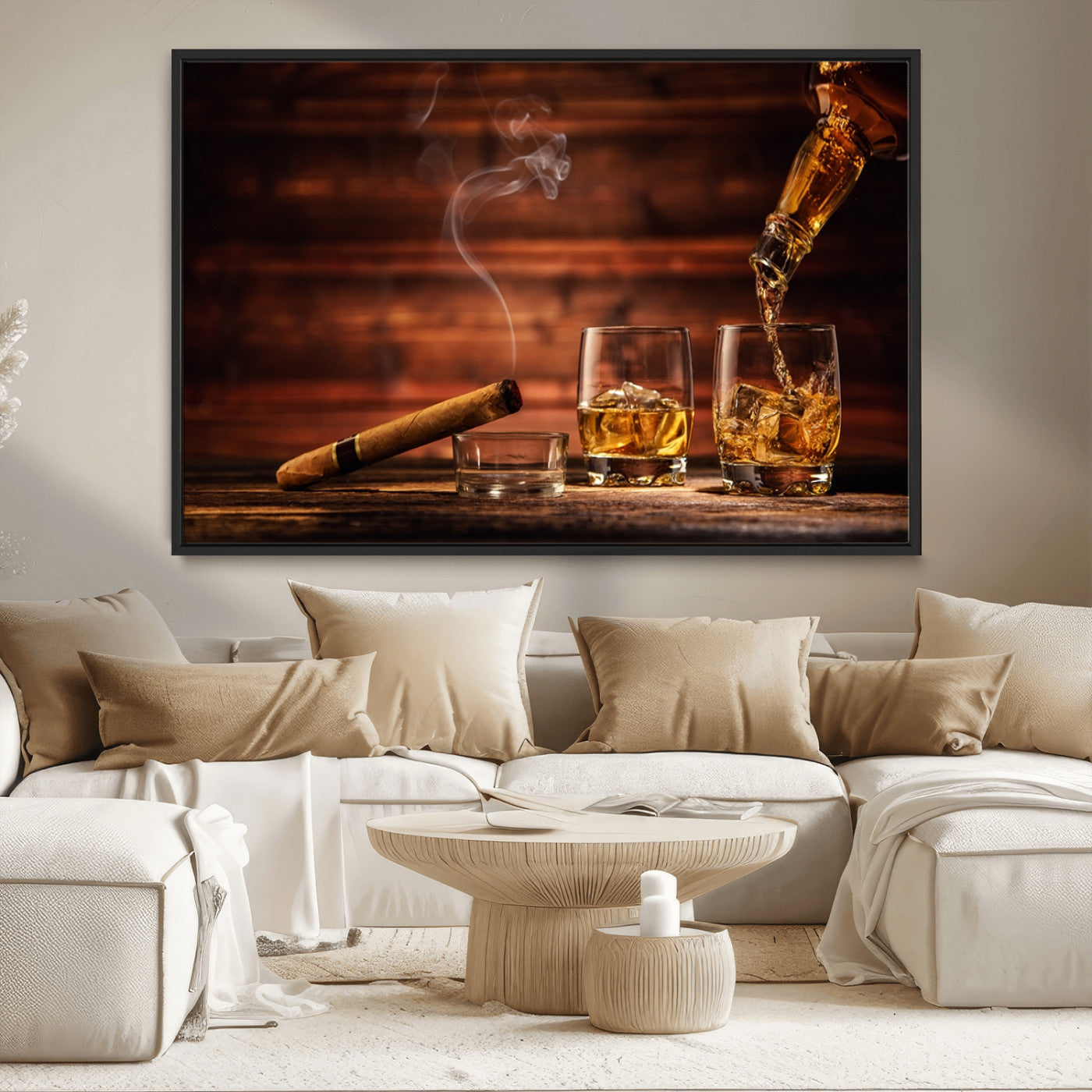 MGV-FC-36X24 - Whiskey and Cigar Wall Art Canvas | 3 Panel Bar Room Decor for Home Lounge, Office, or Man Cave |