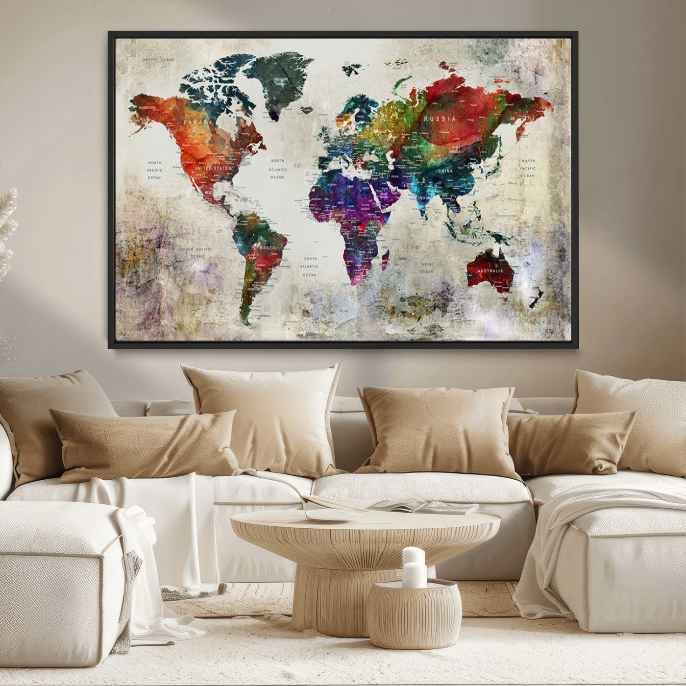 MGV-FC-36X24 - Push Pin World Map Canvas Print – Framed Wall Art for Couples to Track Their Travels – Anniversary