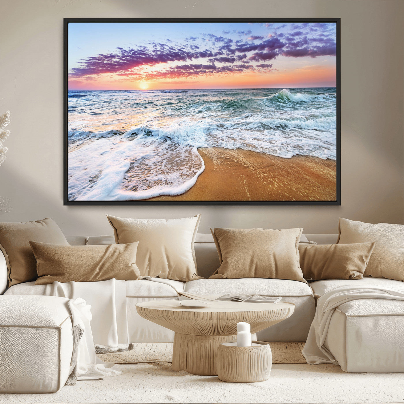 MGV-FC-36X24 - Coastal Sunset Art Beach Canvas Wall Art Print | Ocean Waves Wall Art | Large 3-Panel Seascape for