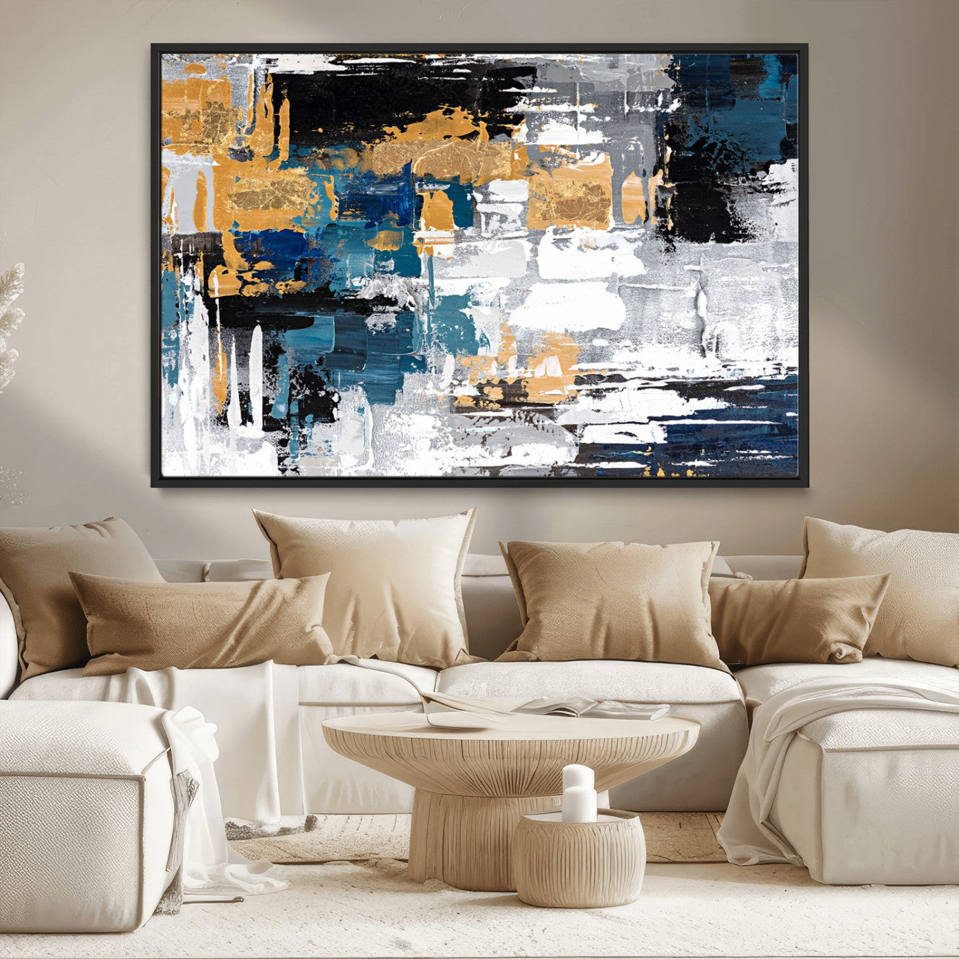57708-MGV-CV-36X24-Blue and Gold Abstract Canvas Wall Art – Triptych Modern Painting for Living Room – Framed and Ready to Hang
