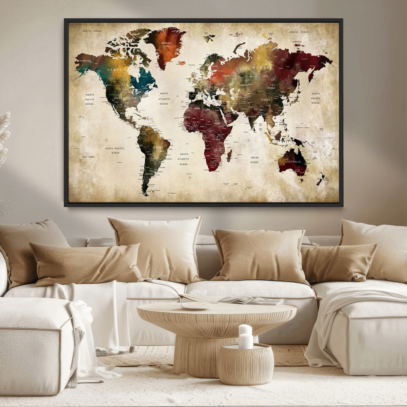 MGV-FC-36X24 - Large World Map Wall Art Canvas Print, Framed Push Pin Map Art Picture Print, Abstract Traveller Map Perfect Modern Decor Artwork