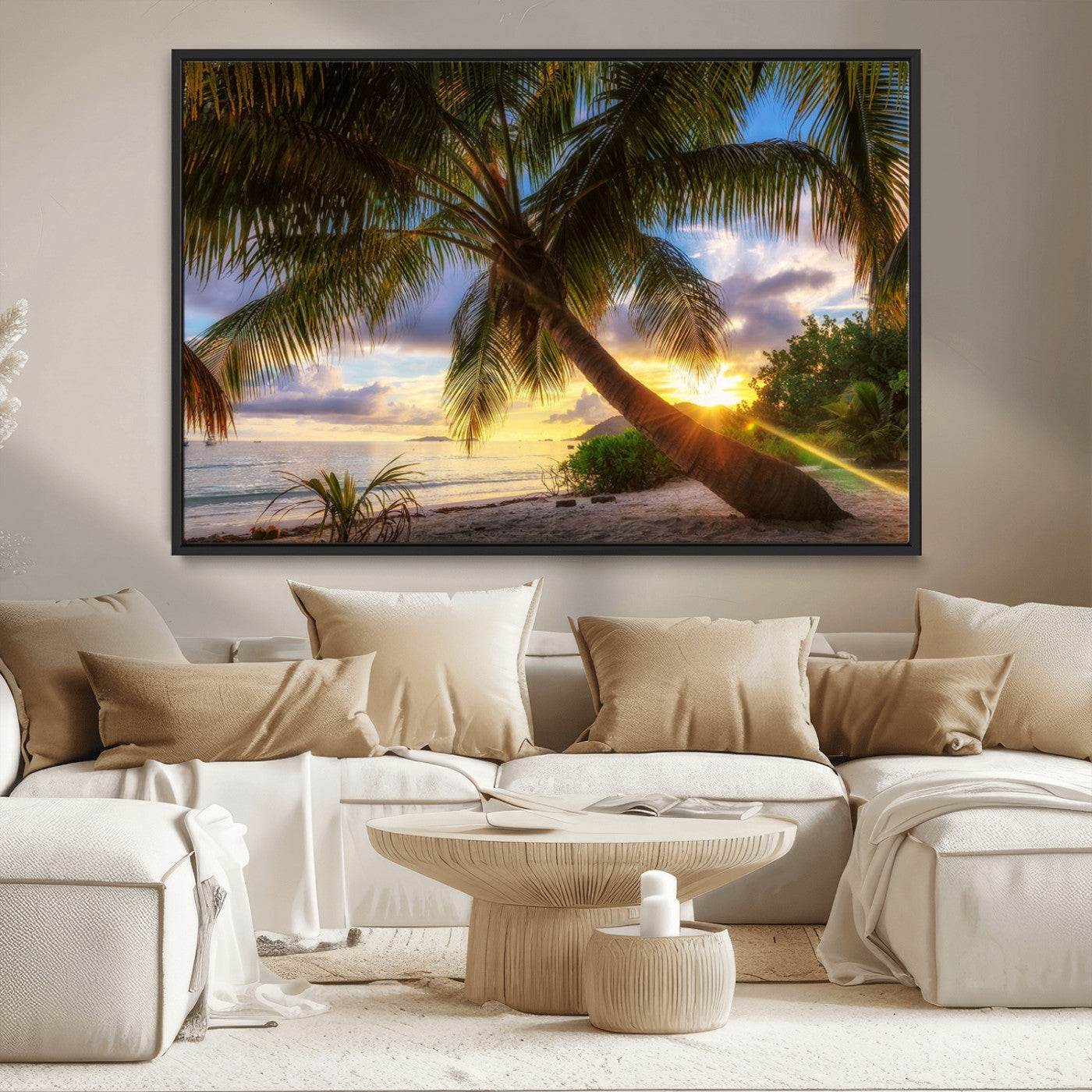 MGV-FC-36X24 - Tropical Island Sunset on the Beach Palms Wall Art Canvas Print