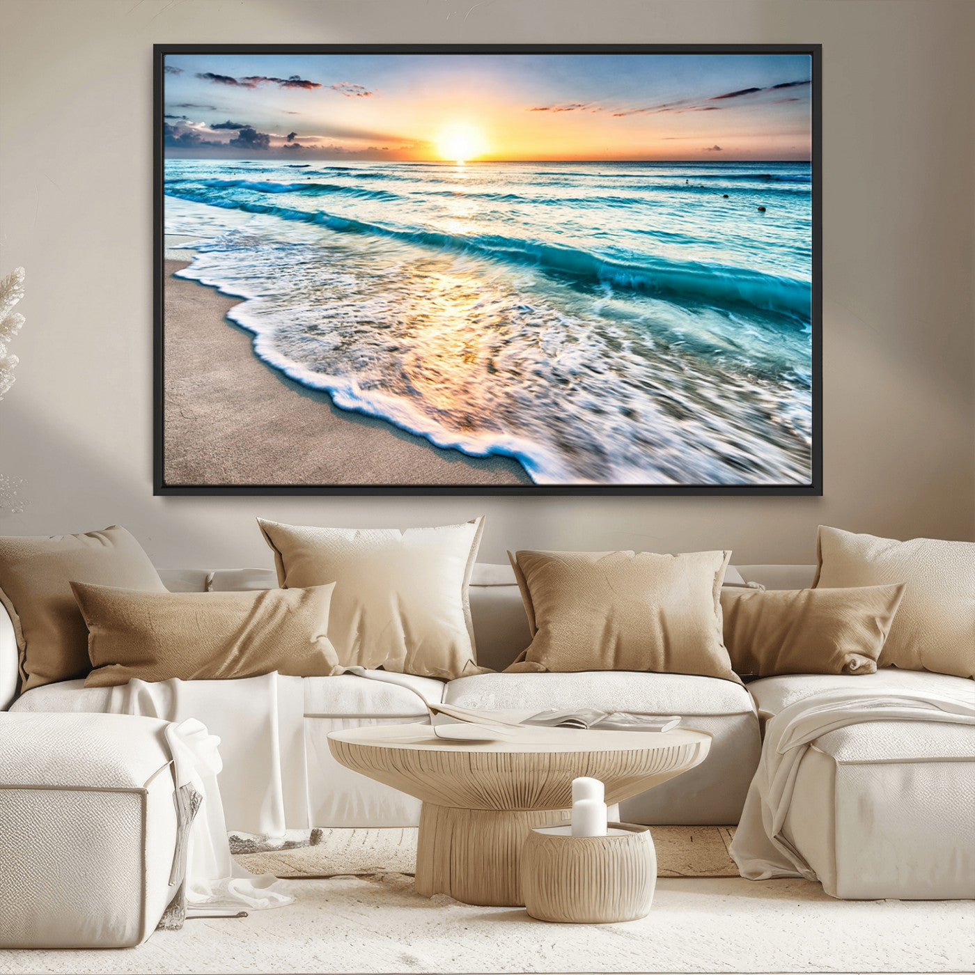 MGV-FC-36X24 - Sunset Beach Waves Canvas Wall Art – 5-Panel Ocean Sunset Print – Coastal Decor for Living Room or
