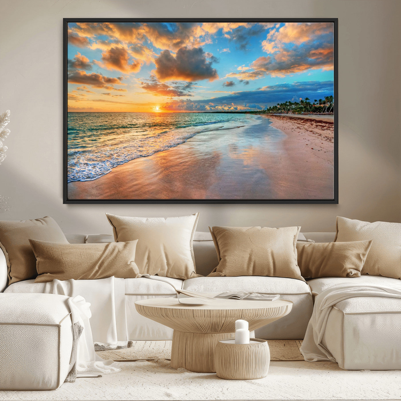 MGV-FC-36X24 - Sunset Ocean Waves on Tropical Beach, 3-Panel Giclee Canvas Art for Coastal Home Decor, Vibrant Palm-Lined Shore