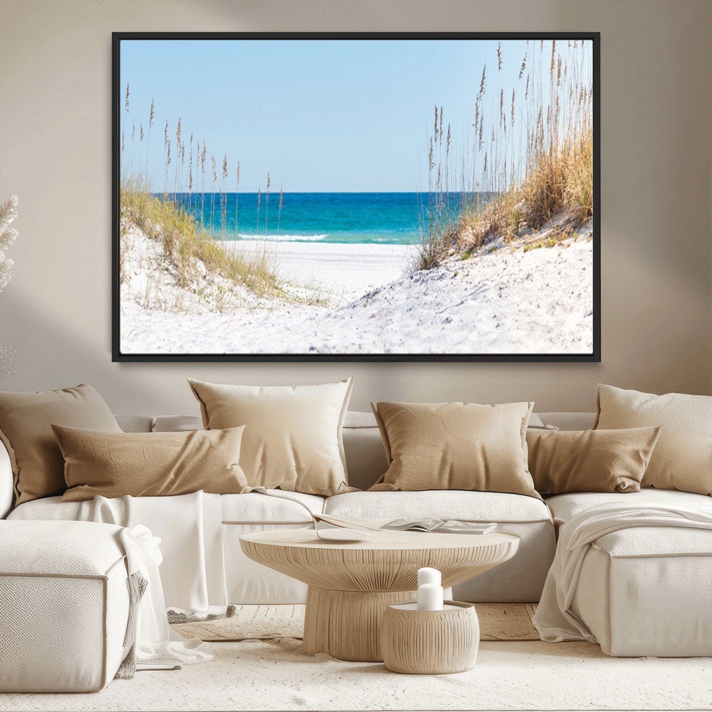 MGV-FC-36X24 - Serene Coastal Dune Path with Ocean View, 3-Panel Beach Canvas Wall Art, Tranquil Seascape Giclee Print, Gallery Wrap, Perfect for Coastal Home Decor
