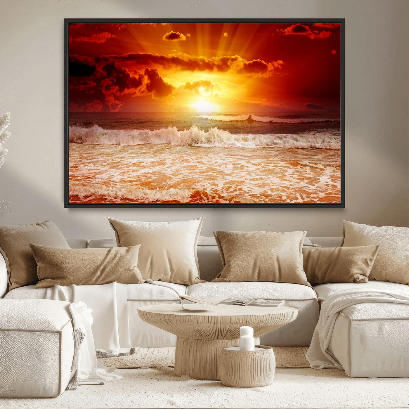 MGV-FC-36X24 - Red Sunset Ocean Beach Canvas Wall Art Beach Canvas, Coastal Sunset Print