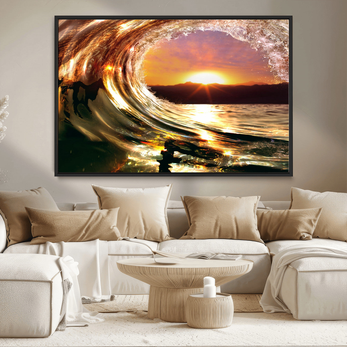 MGV-FC-36X24 - Golden Wave Sunset Triptych Canvas Art, Giclee Canvas Print of Ocean Wave and Sunset, Framed Ocean