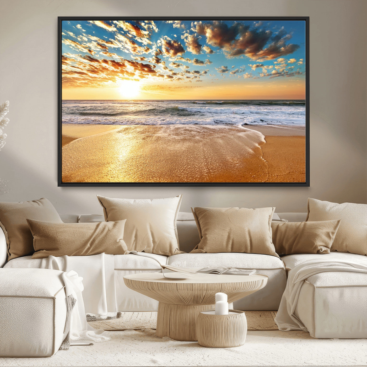 MGV-FC-36X24 - Golden Sunset Beach Print Canvas Wall Art, Giclee Canvas Print with Canon Print Quality, Triptych
