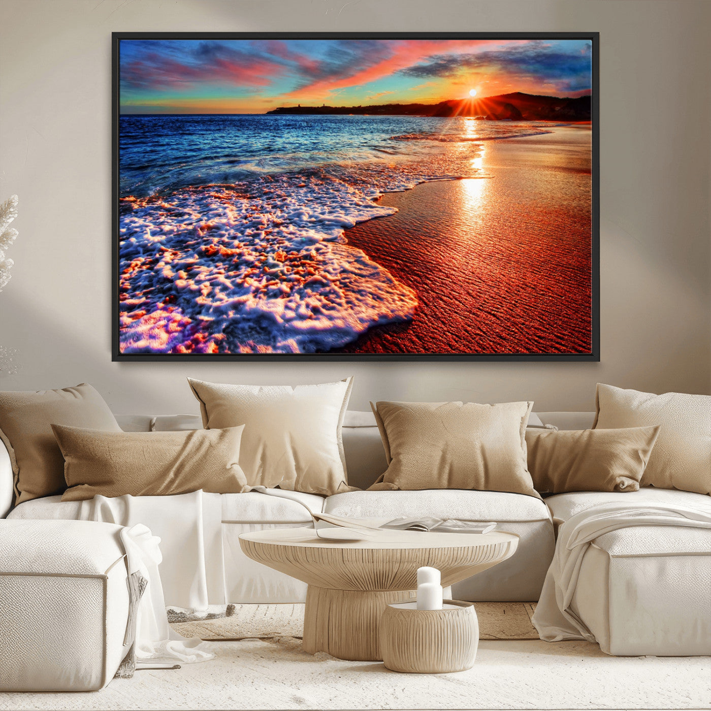MGV-FC-36X24 - Colorful Coastal Sunset on the Beach Canvas Print, Ocean Waves Crashing at Dusk, Multi-Panel Seascape Vibrant Coastal Wall Art Canvas Print