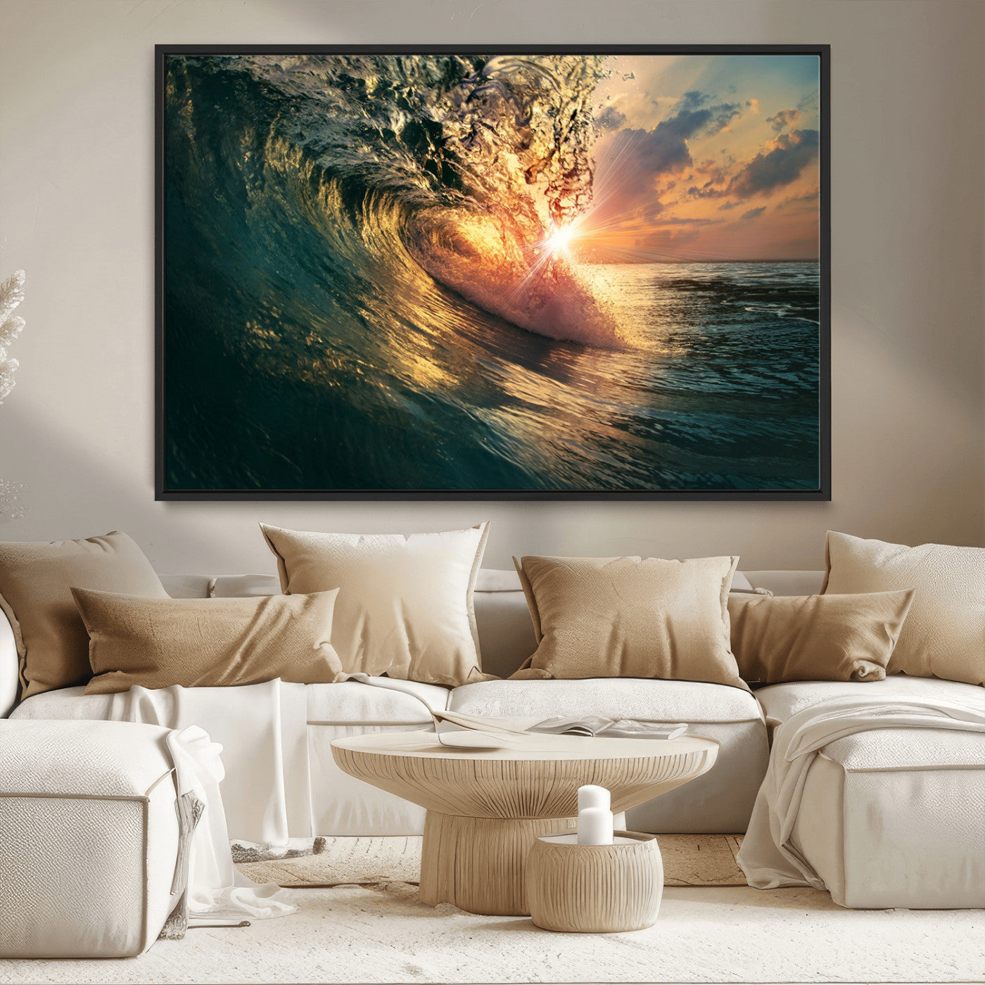 MGV-FC-36X24 - Ocean Wave Sunset Canvas Wall Art – Triptych Seascape Print – Framed and Ready to Hang for Living Room or Office