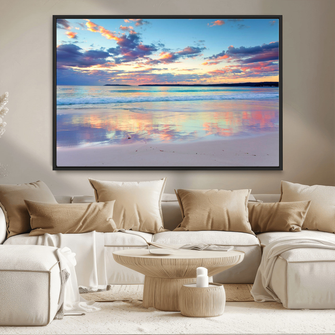 MGV-FC-36X24 - Tranquil Pastel Sunset Beach Triptych Canvas Art, Soothing Coastal Ocean Shoreline Giclee Print, Beach Reflections Wall Decor for Serene Spaces