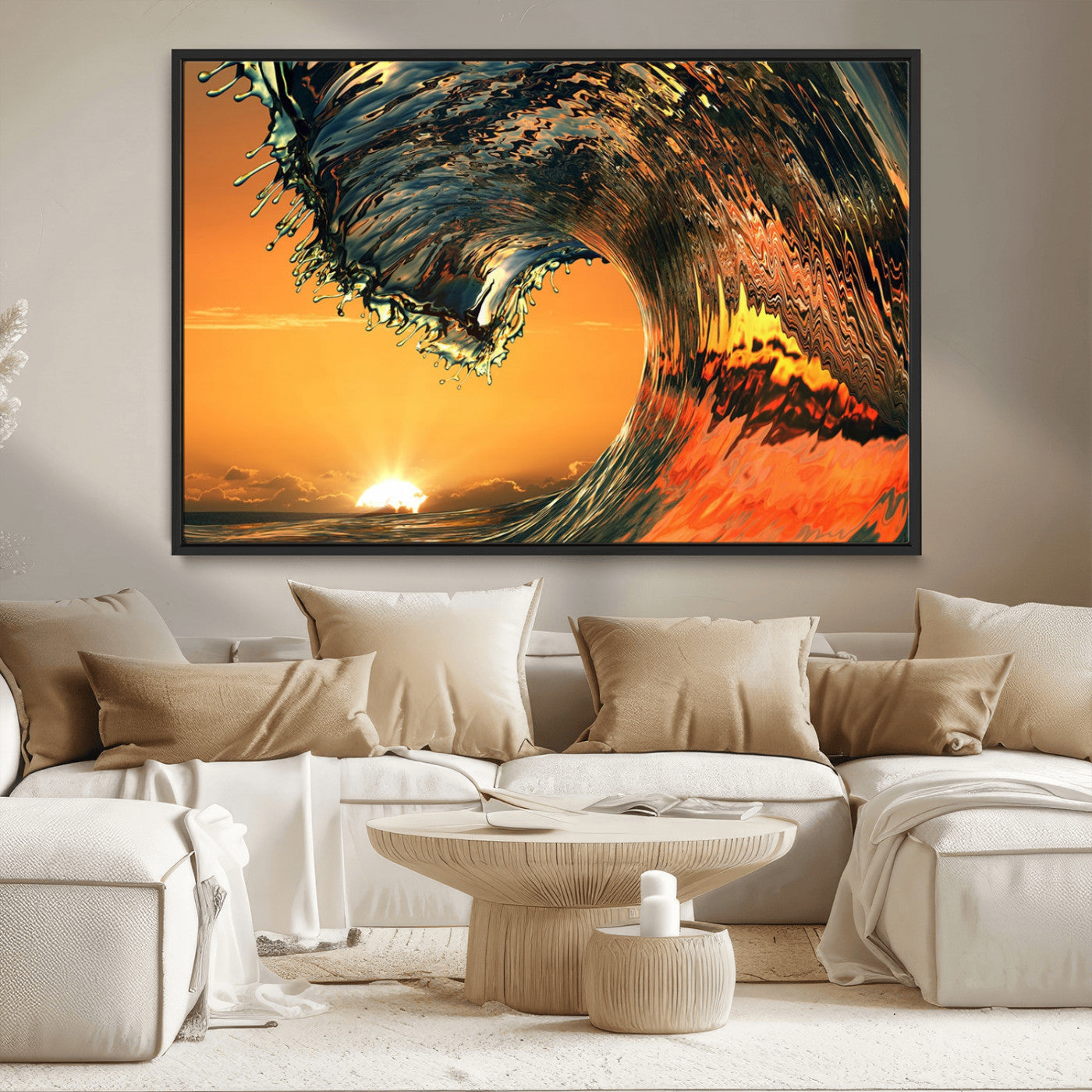 -Surf Wave Sunset Canvas Wall Art Print, 3-Panel Ocean Coastal Wall Art Print, Ocean Decor for