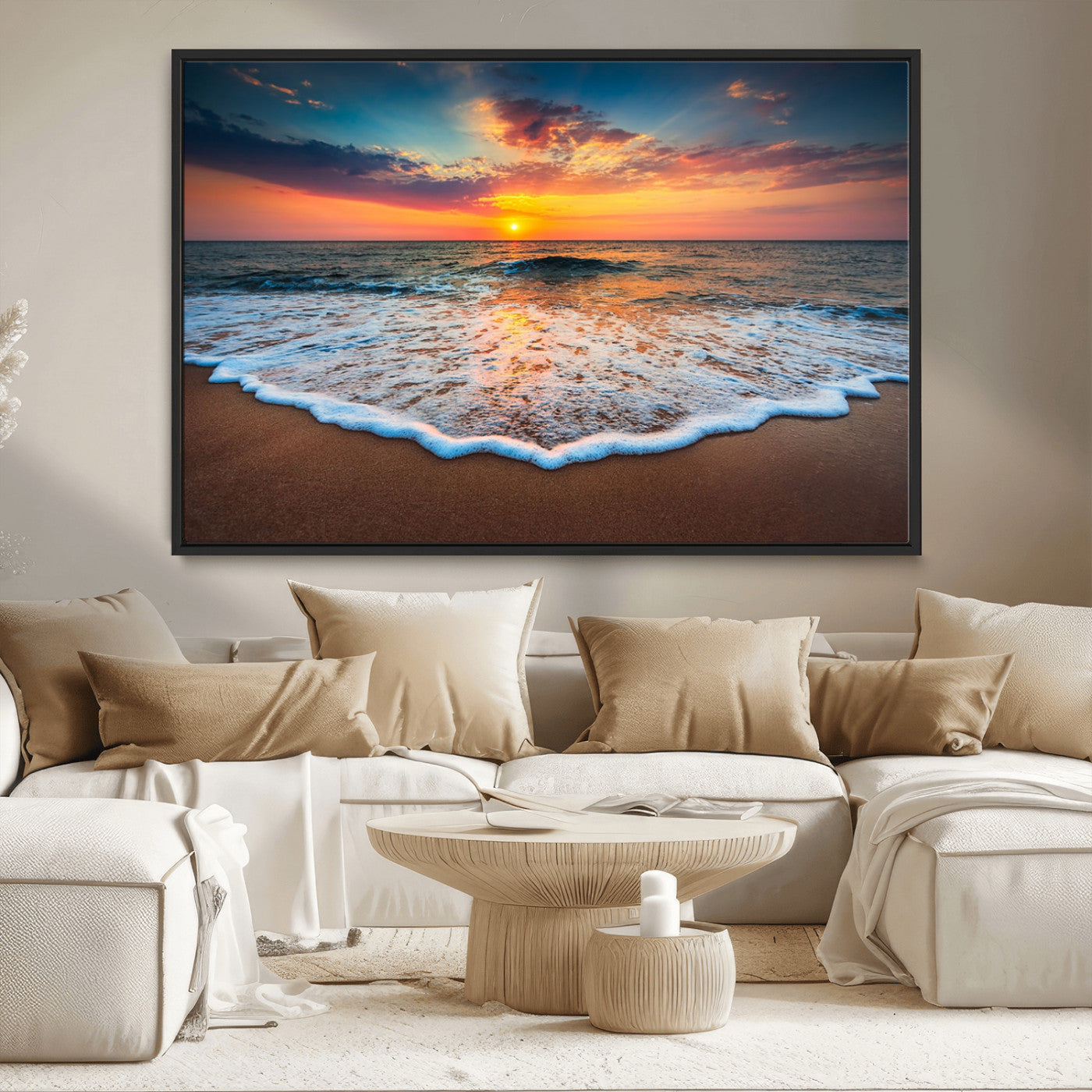 MGV-FC-36X24 - Sunset Beach Canvas Wall Art – Colorful Ocean Waves Triptych – Coastal Decor for Living Room or Bedroom – Framed and Ready to Hang